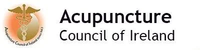 Logo of the Acupuncture Council of Ireland featuring a caduceus and a shield with a tree and a snake, with text 'Acupuncture Council of Ireland'.