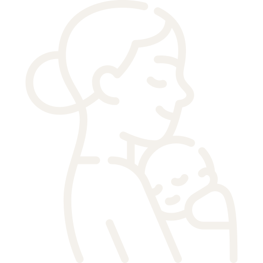 Line drawing of a mother holding a sleeping baby close to her chest.