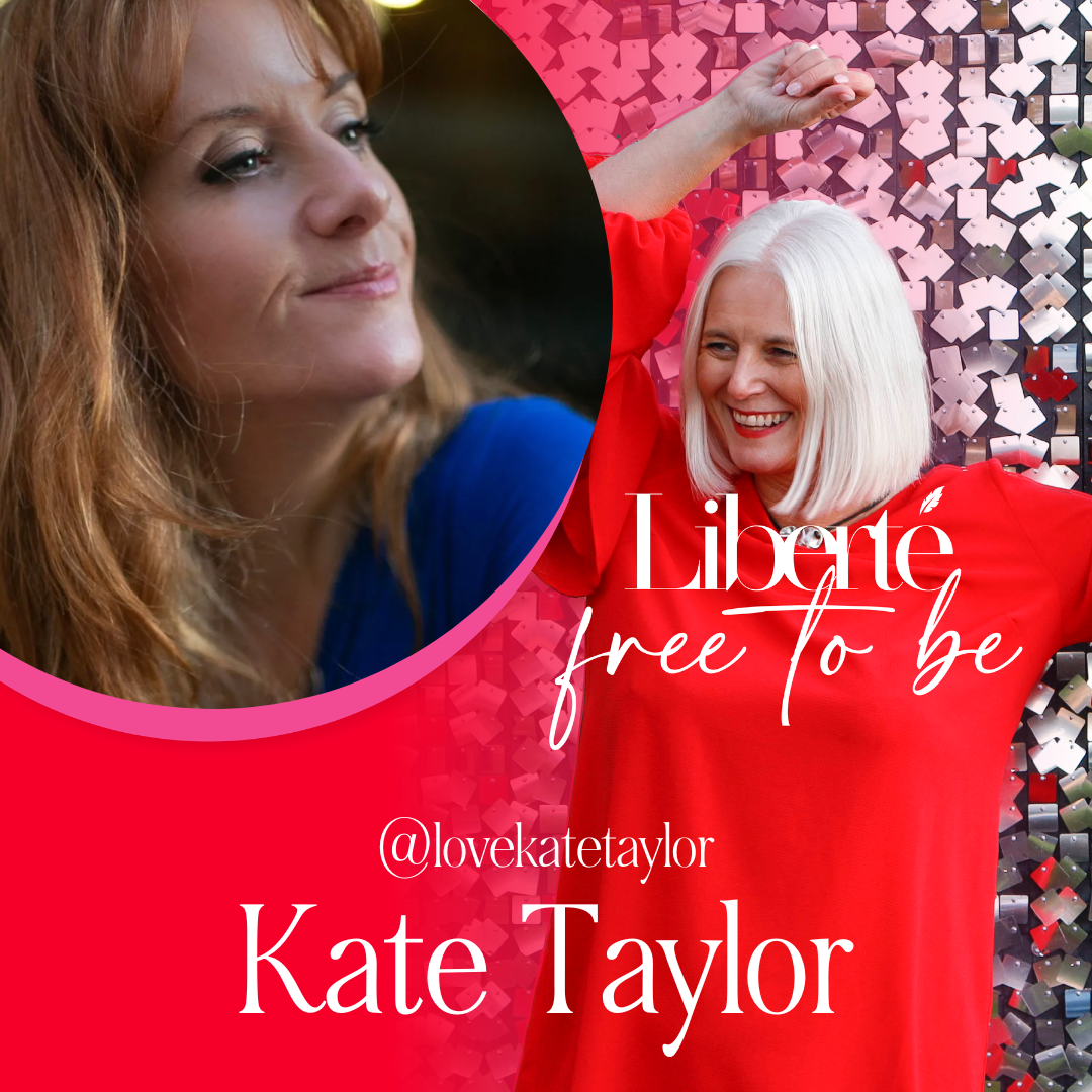 Photo of Rachel Peru wearing a red dress, smiling confidently, alongside a close up of dating expert Kate Taylor