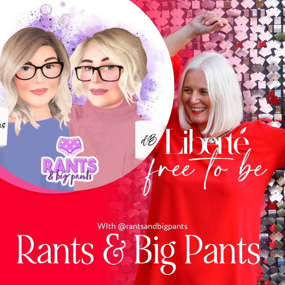 A promotional graphic for the podcast 'Rants & Big Pants' featuring two women with blonde hair and glasses on the left side, and a woman with white hair in a red dress on the right side. The background includes a purple starry pattern and a sequin red and black background.