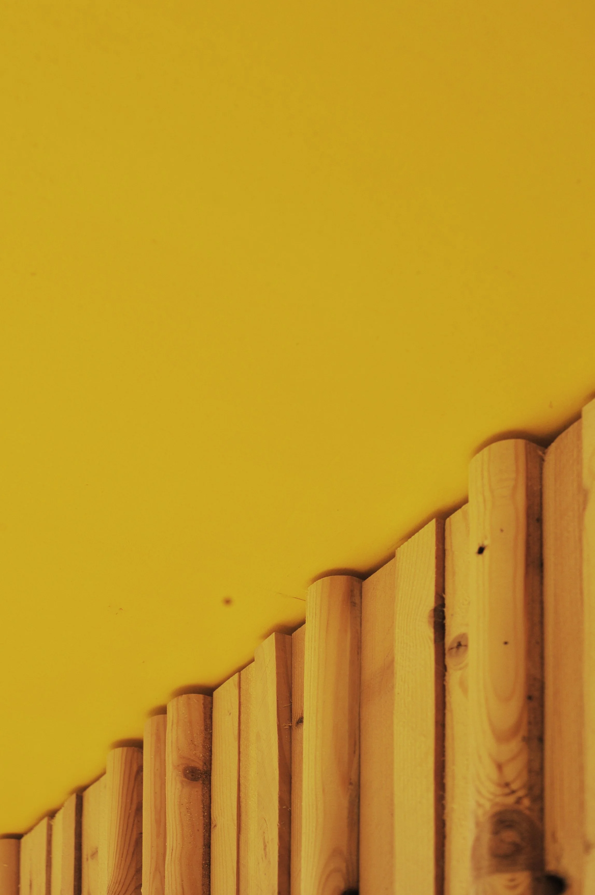 Massiv, ubehandlede træpaneler monteret til en væg, med en gul væg i baggrunden.
