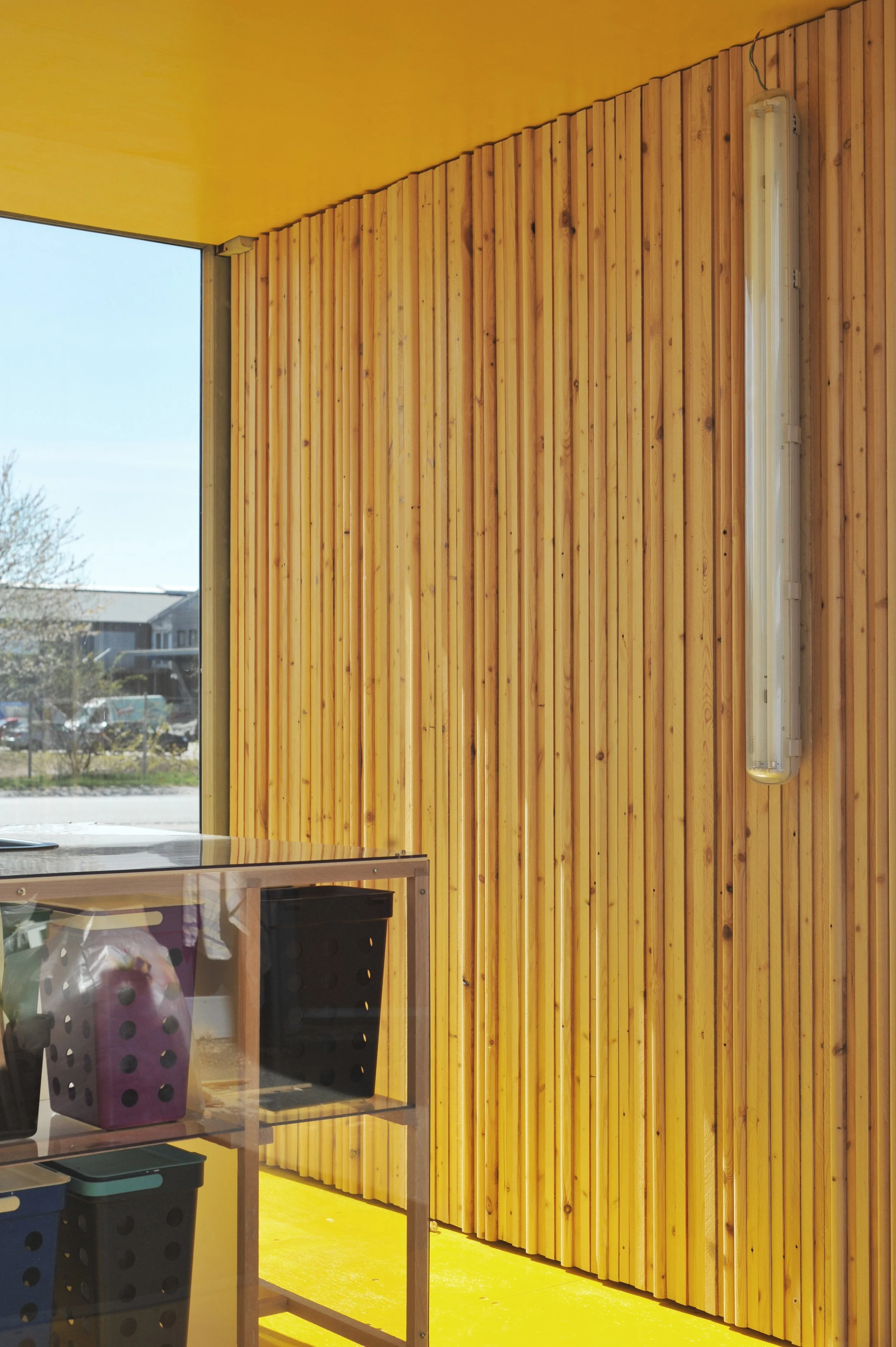 Indendørs rum med trævægge, en fluorescent lampe og en glas- og træreol med kasser. Det er lyst med naturligt lys.