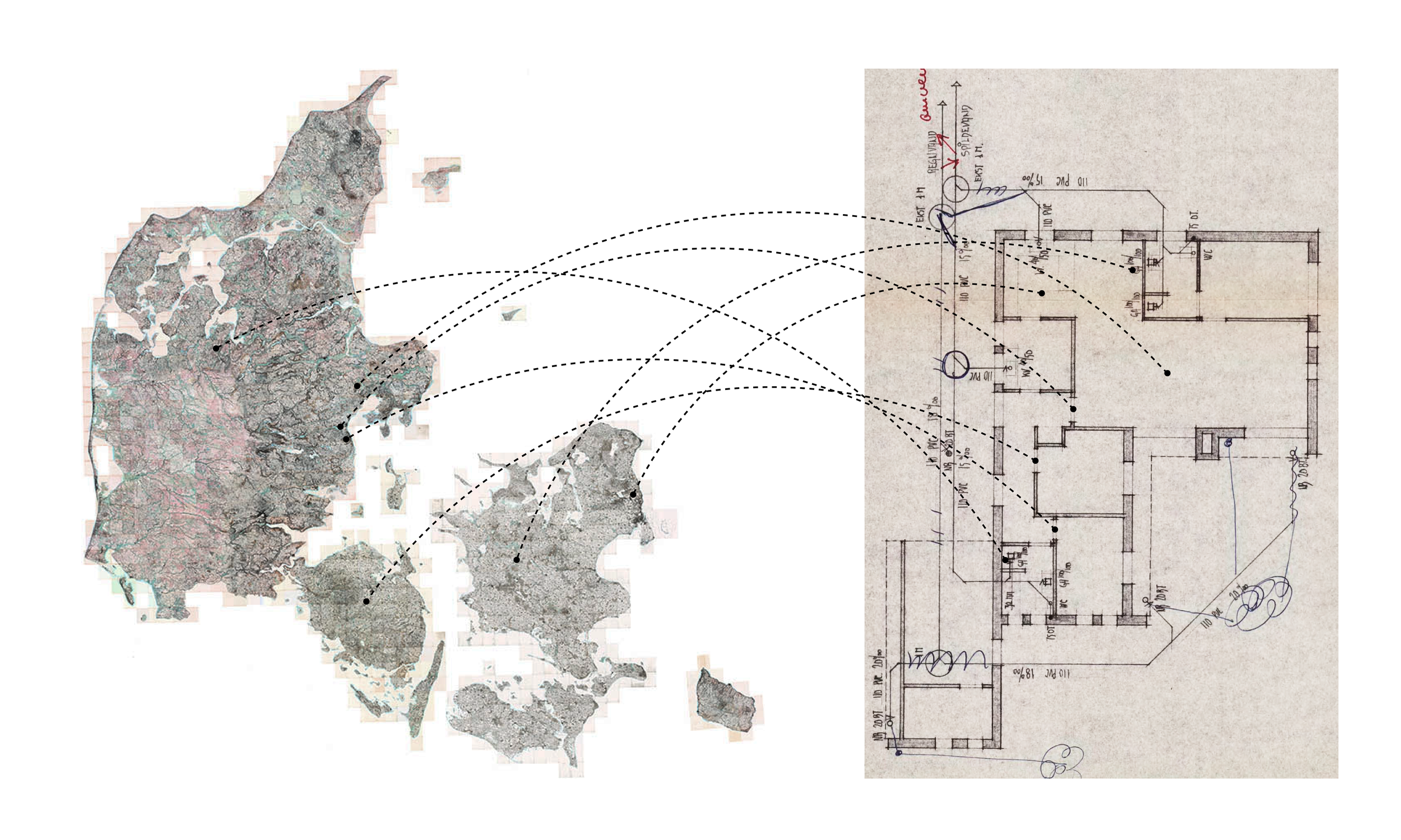Kort over Danmark med flere pile, der peger mod en byggeskitse på højre side.