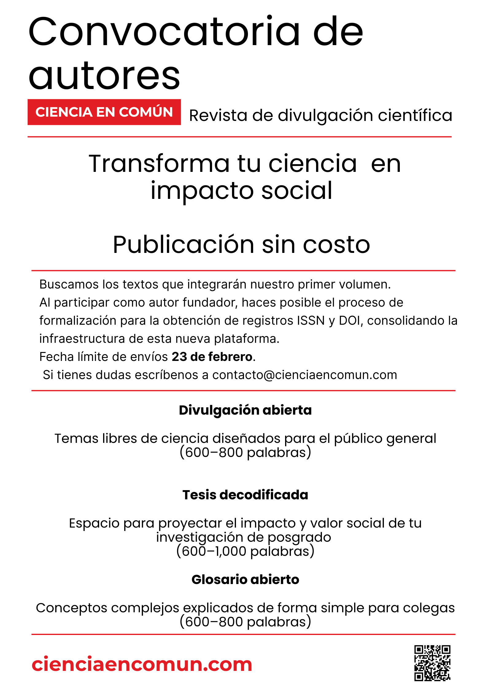 Convocatoria para autores en una revista científica de divulgación con temas de ciencia, buscando textos para un volumen. Incluye instrucciones sobre tipo de textos, fechas límites, y métodos de contacto, con páginas en español.