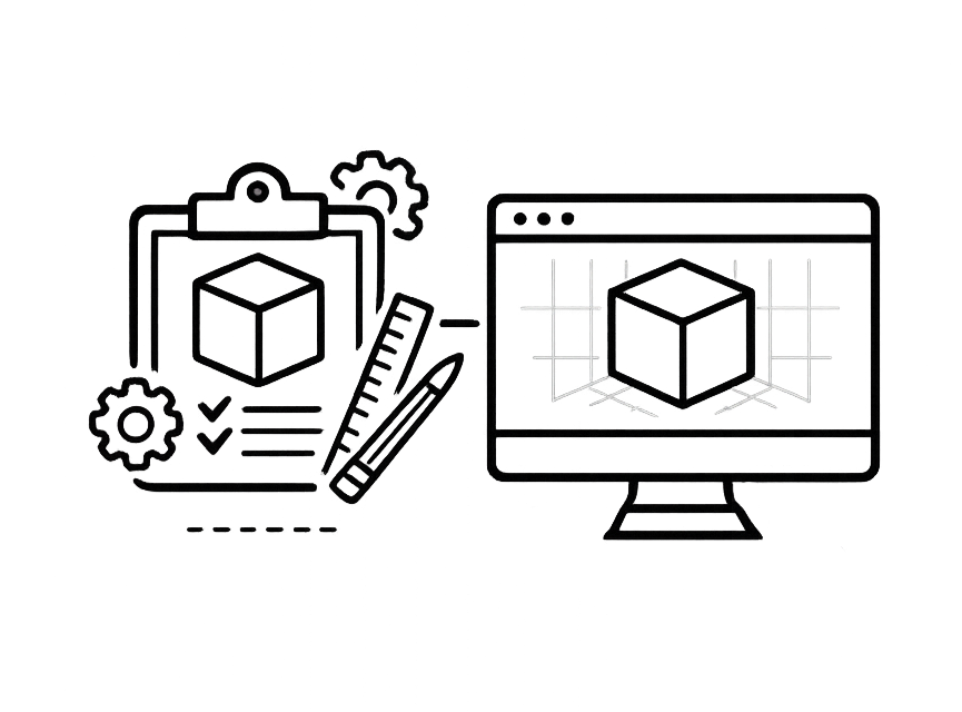 Schizzo digitale di un processo di modellazione 3D con un cubo su schermo di computer e strumenti di progettazione