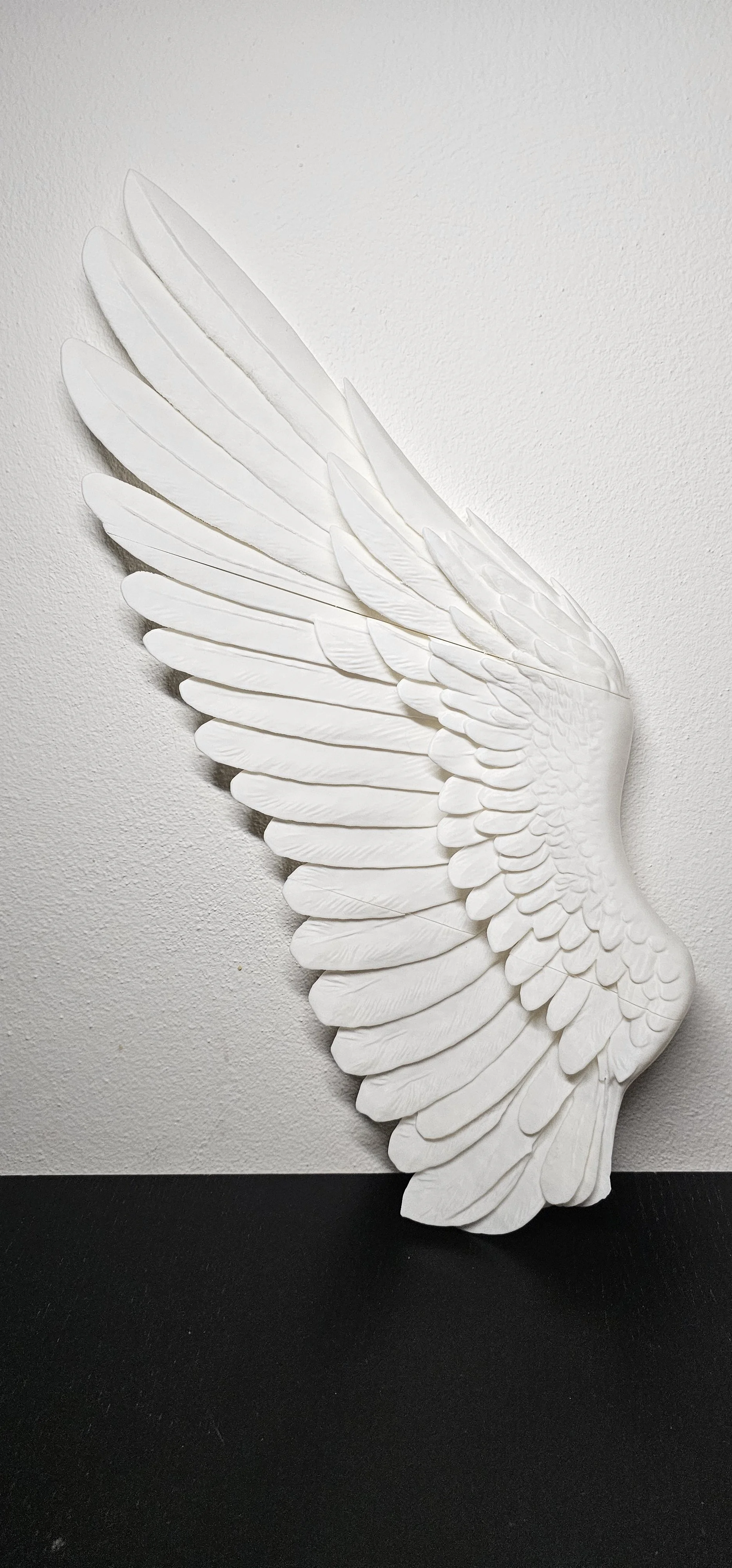 Decorazione di un'ala di angelo bianca in rilievo sulla parete