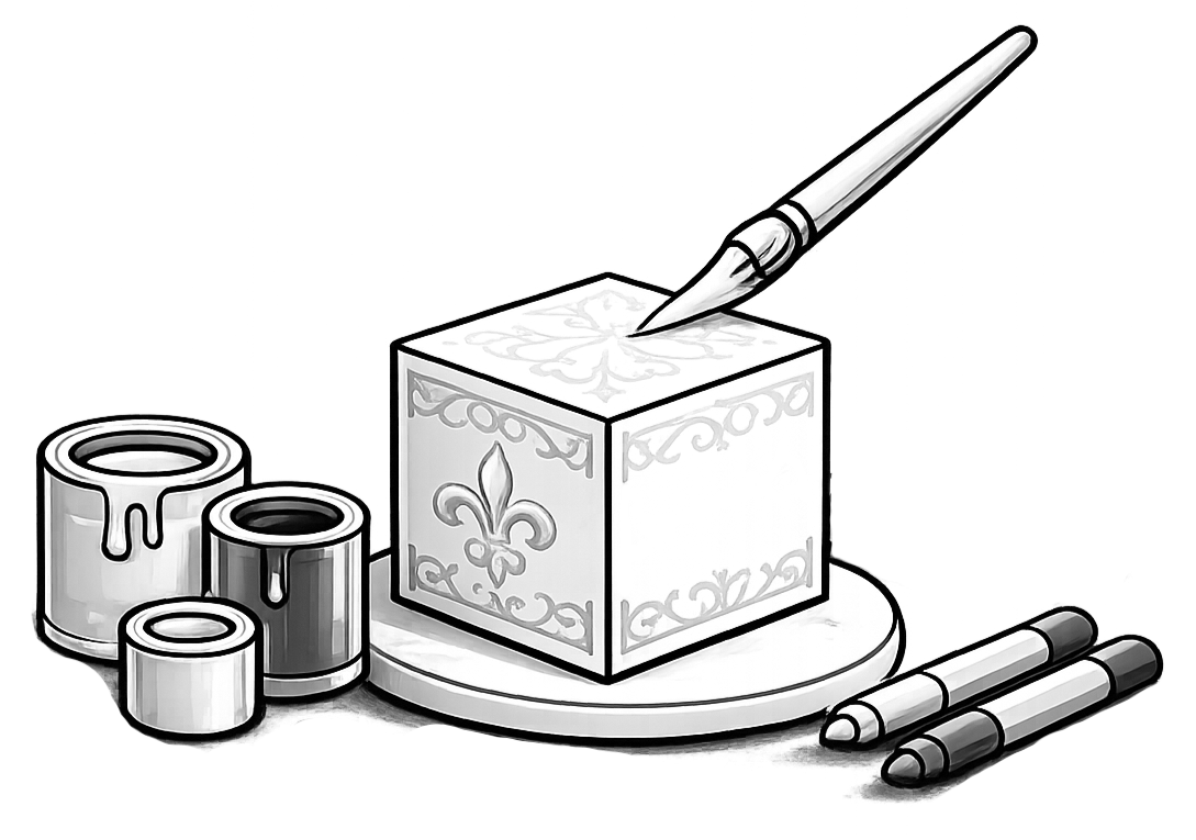 Un disegno in bianco e nero di una scatola decorata con un fiore e motivi, un pennarello che sta disegnando sulla scatola, e tre rotoli di nastro adesivo e due marker sul tavolo.