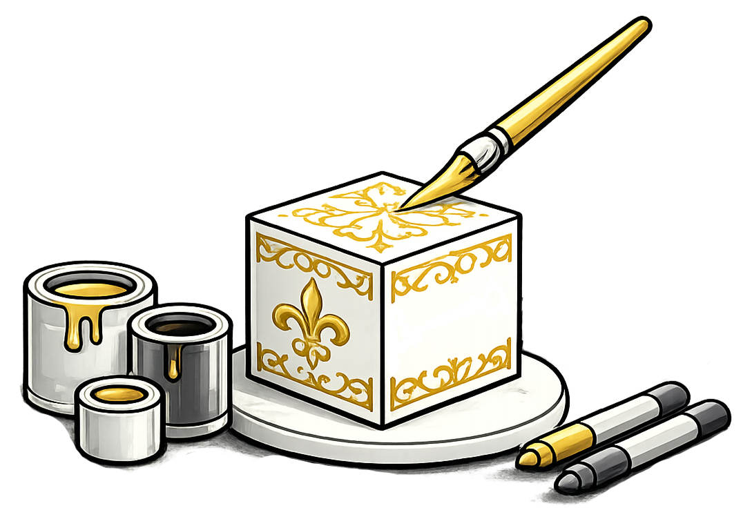 Un cubo decorato con motivi dorati e il simbolo della fleur-de-lis, circondato da rotoli di carta e penne, con una penna stilografica che scrive sul cubo.