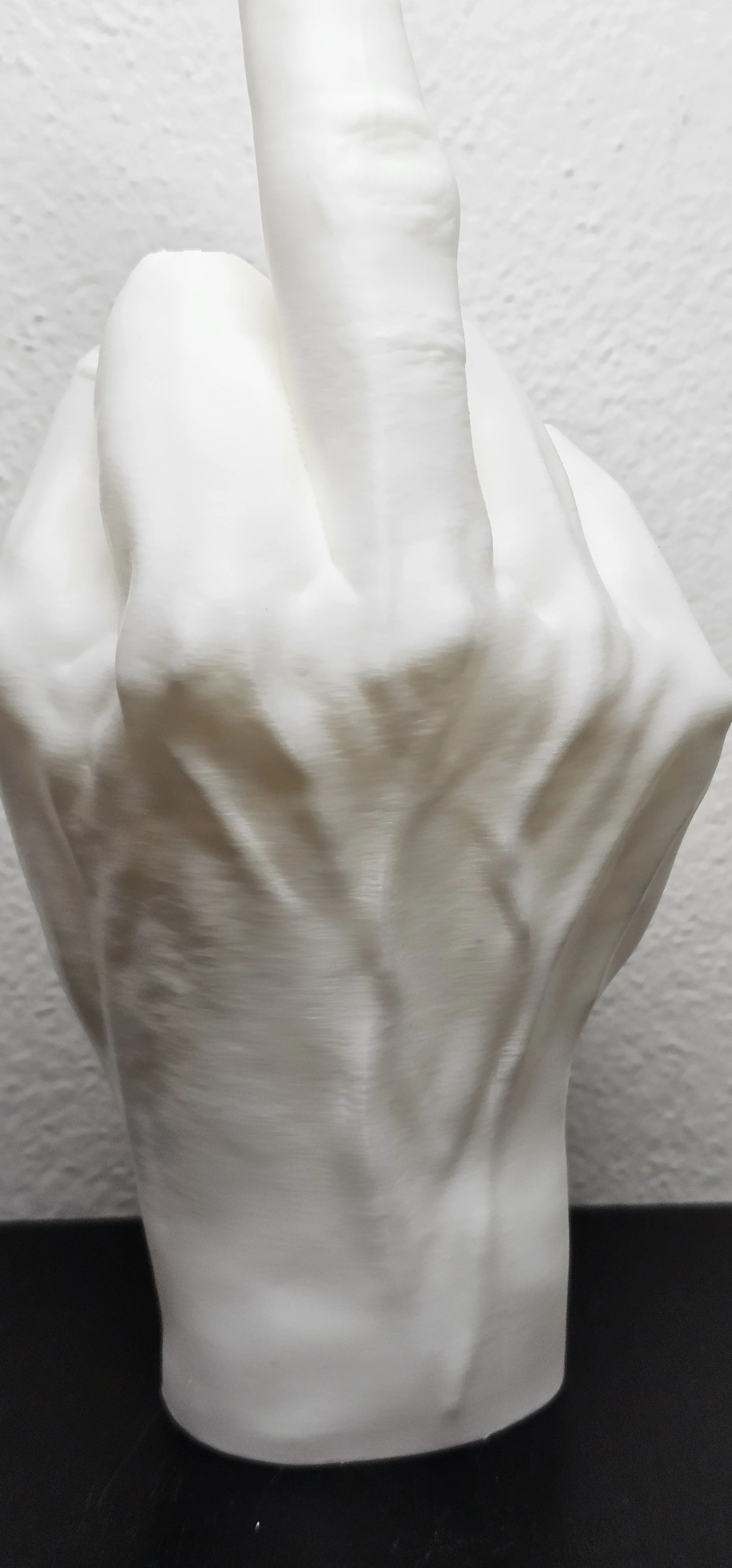 Statua di una mano bianca che mostra il dito medio alzato, zoom frontale
