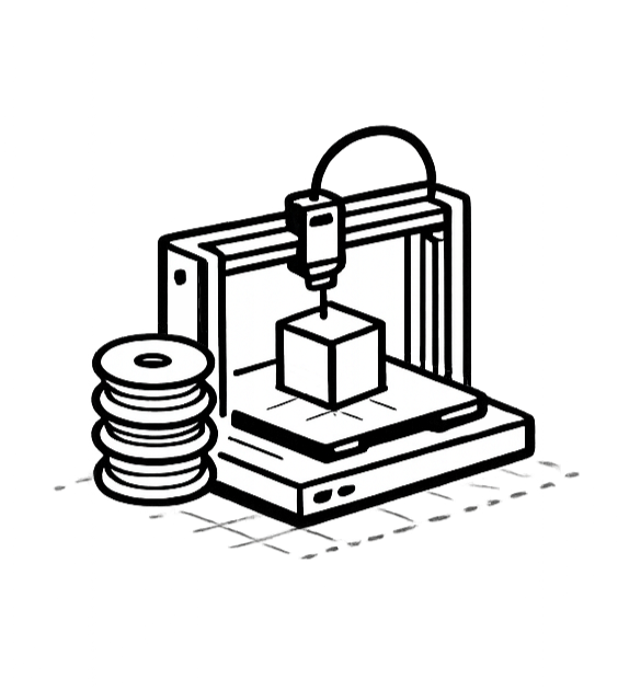Rappresentazione stilizzata di una stampante 3D con una pila di filamenti a sinistra.
