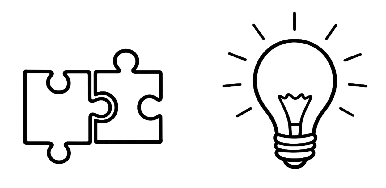 Immagine con tre pezzi di puzzle e una lampadina con raggi di luce