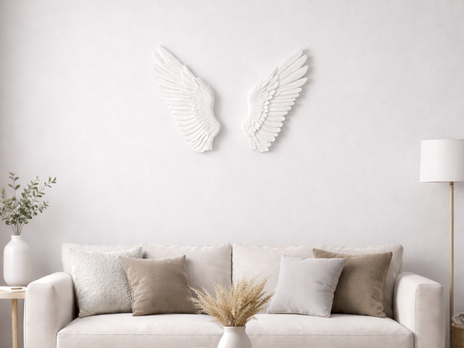 Soggiorno minimalista con divano bianco, cuscini beige e grigi, pianta verde in vaso bianco, lampada da terra bianca, decorazioni a forma di ali di angelo in rilievo sulla parete