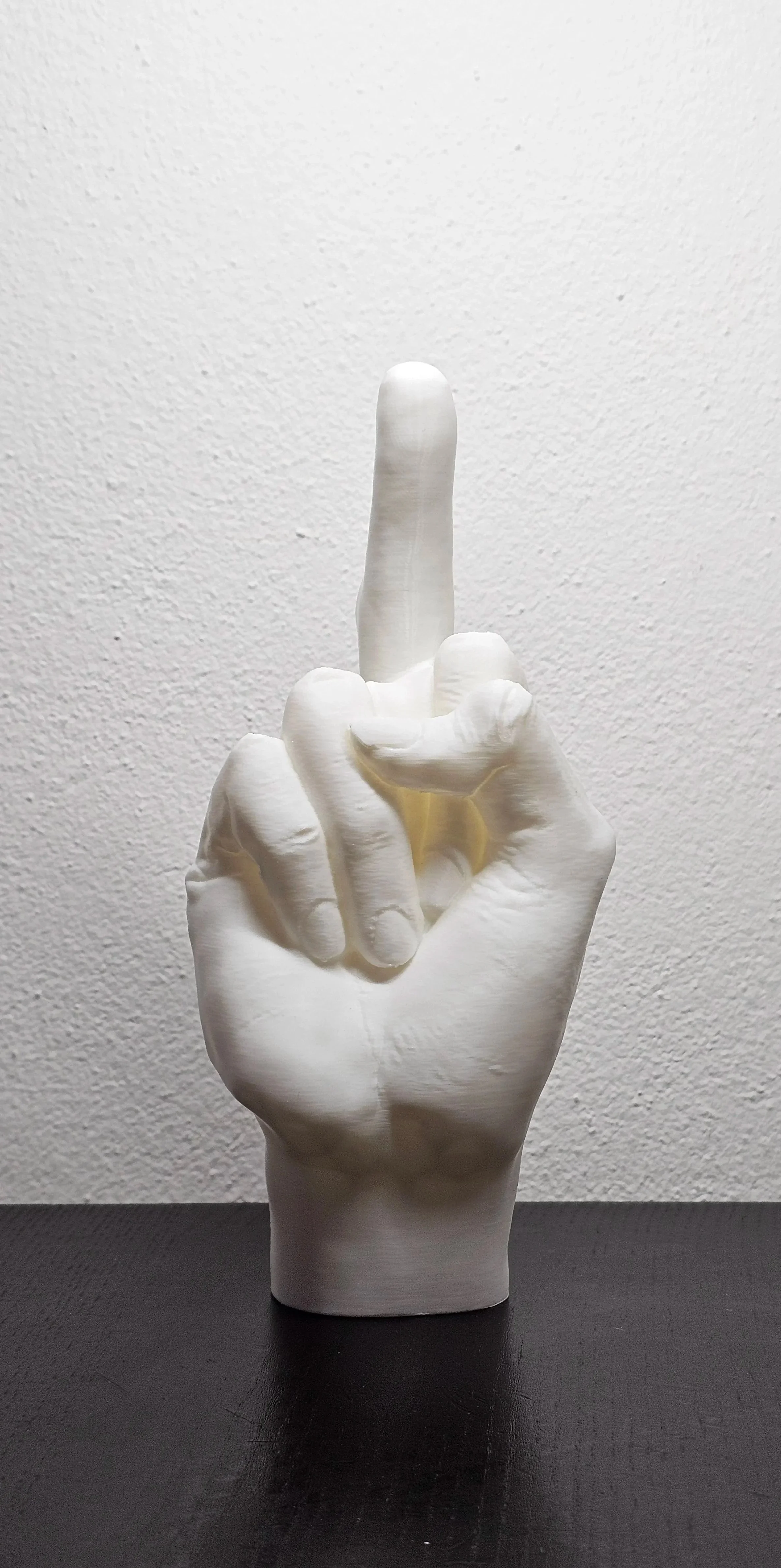 Statua di una mano bianca che mostra il dito medio alzato, vista posteriore