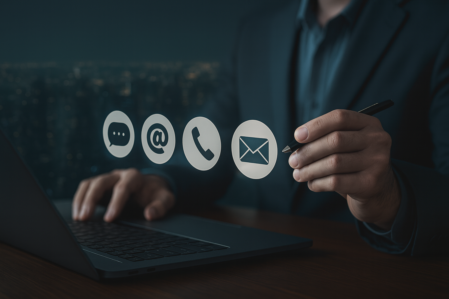 A person in a suit using a laptop with virtual icons of chat, email, phone, and message floating in front of them.
