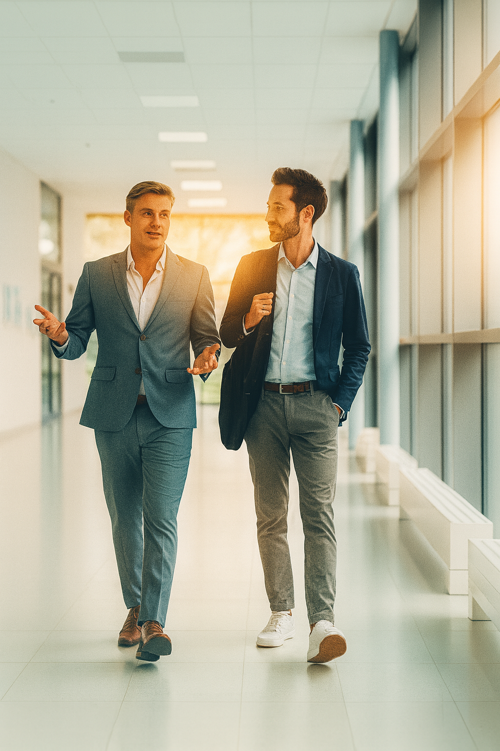 Two men in business attire walking and talking in a well-lit, modern office hallway with large windows.