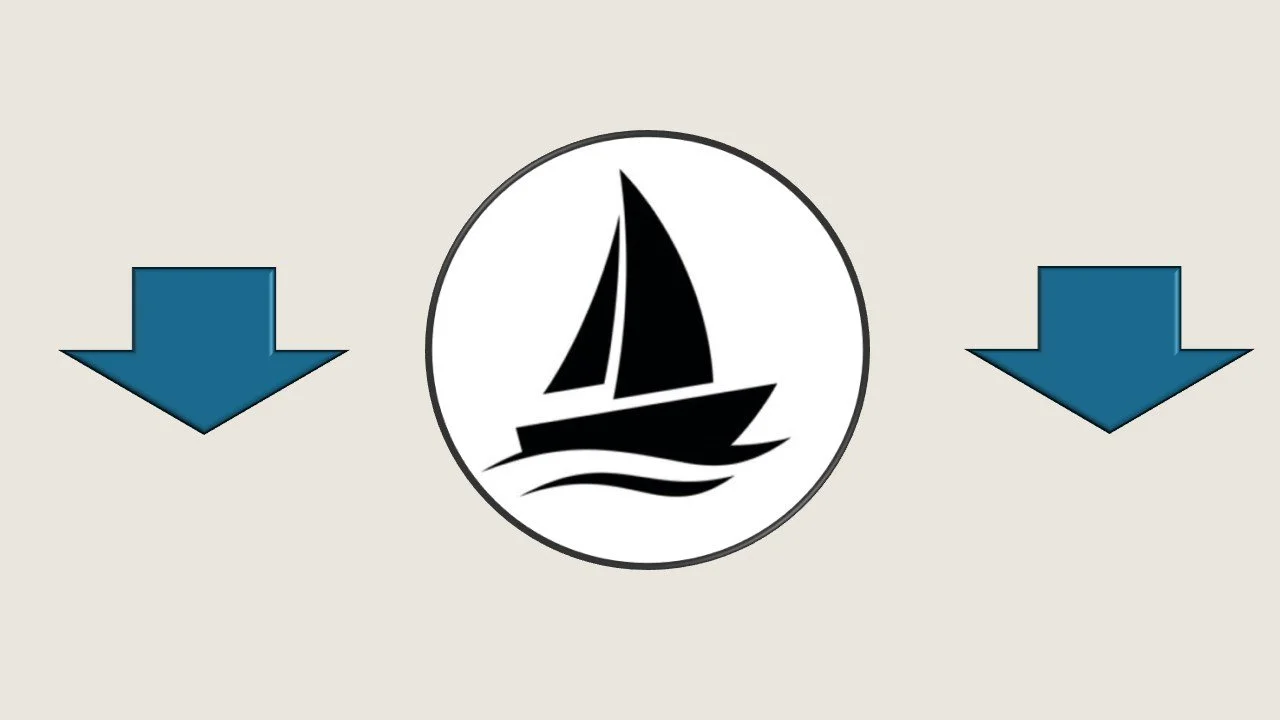 Icon of a sailboat in a circle with two blue downward arrows on each side.