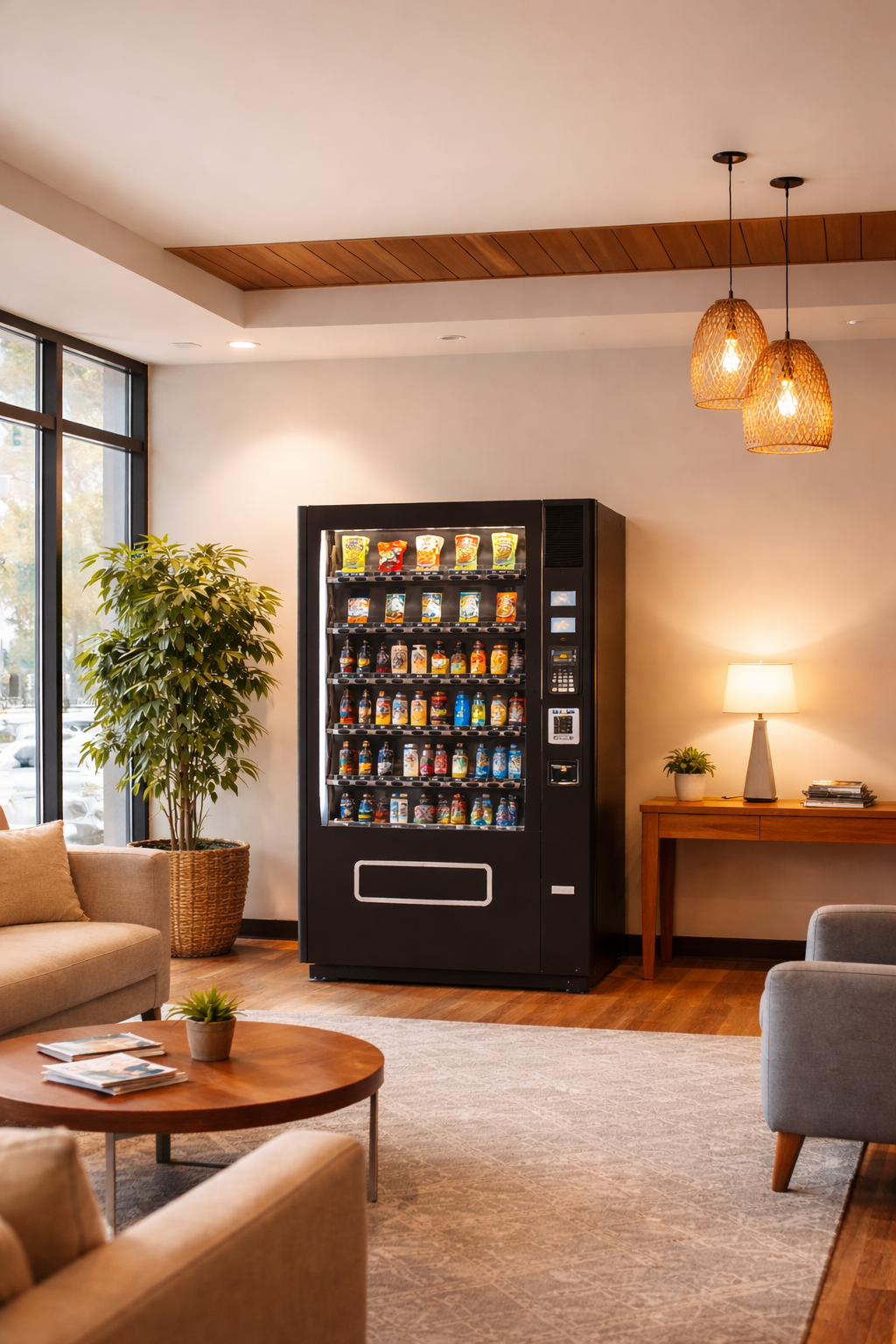 Vending machine in a cozy lobby with sofas, a wooden table with magazines and a small plant, a large potted plant, a sideboard with a table lamp and a potted plant, large windows letting in natural light, warm pendant lights hanging from the ceiling.