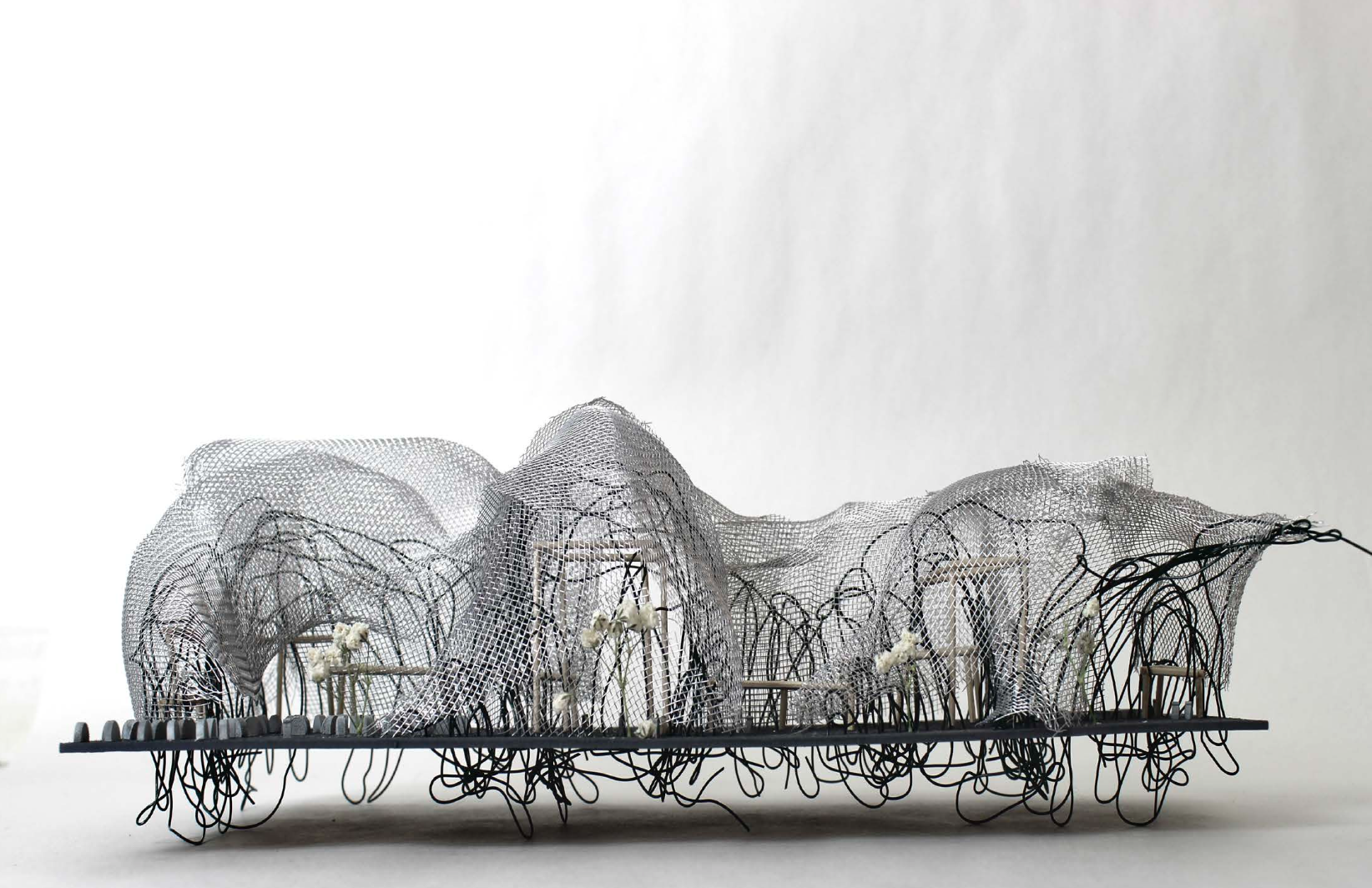 An abstract sculpture with a wire mesh structure and black wire elements, resembling organic forms, on a black base against a plain background.