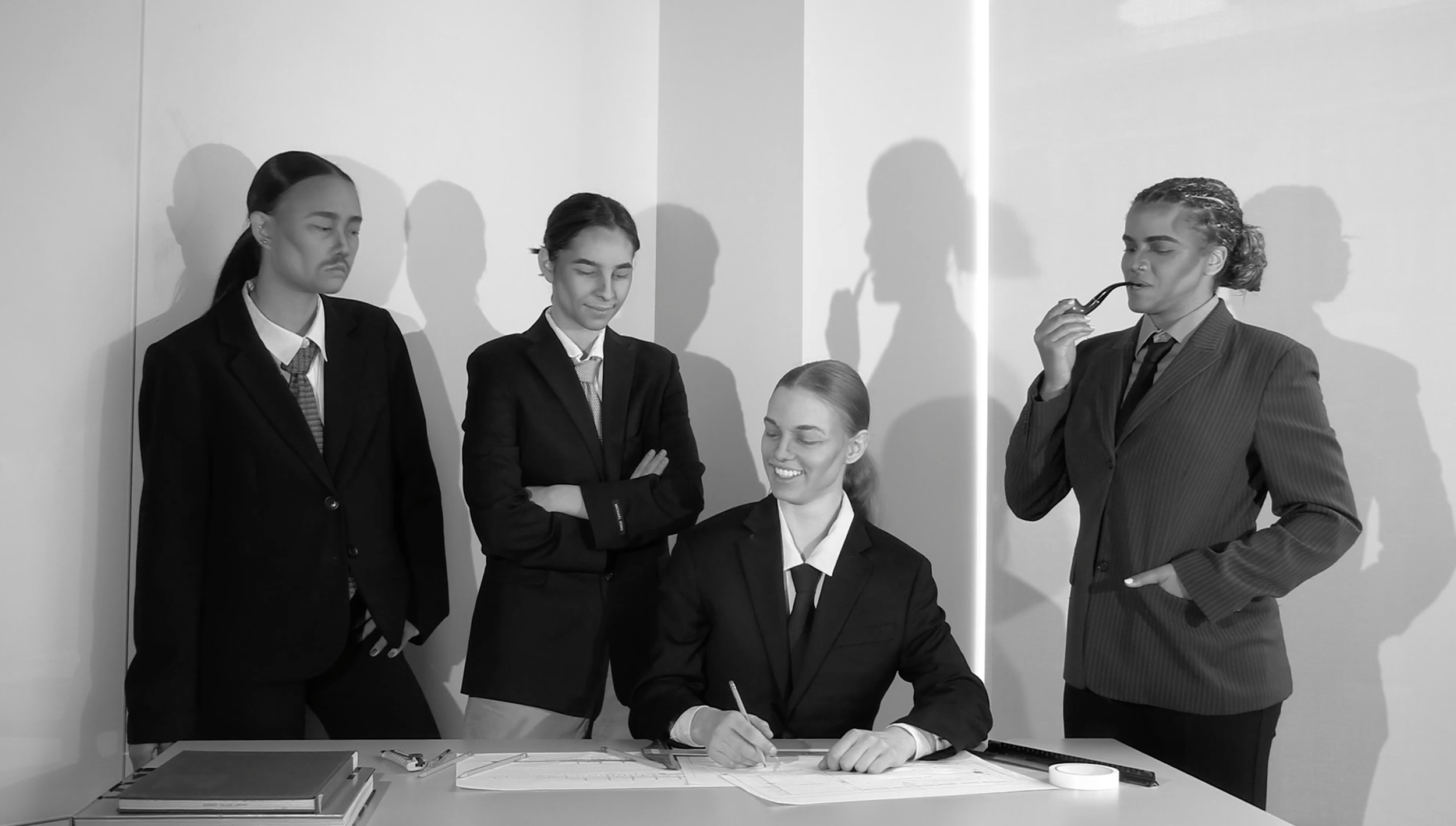 Black and white photo of four women in business attire in an office. One woman is seated at a desk writing on documents with a smile, while the other three women stand around her, observing and smiling. One woman on the right is holding a pipe to her