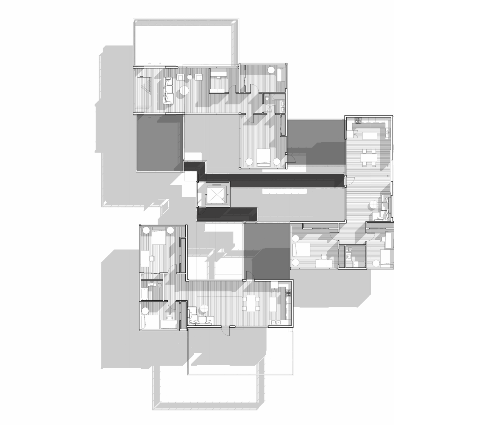 Floor plan of a modern house with multiple bedrooms, bathrooms, living areas, and outdoor decks.