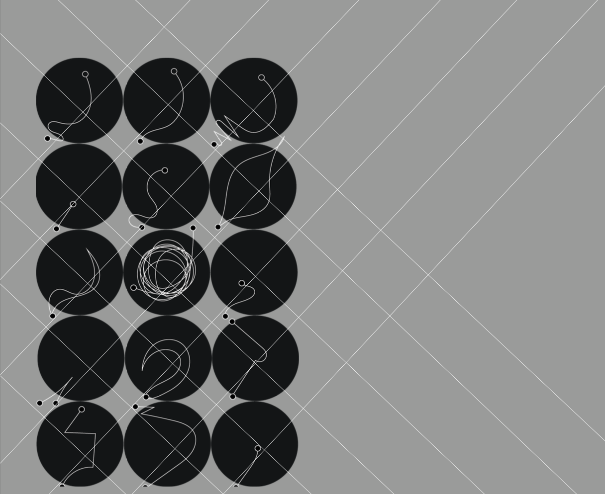 A visual representation of abstract black circles with white lines and loops on a gray background.