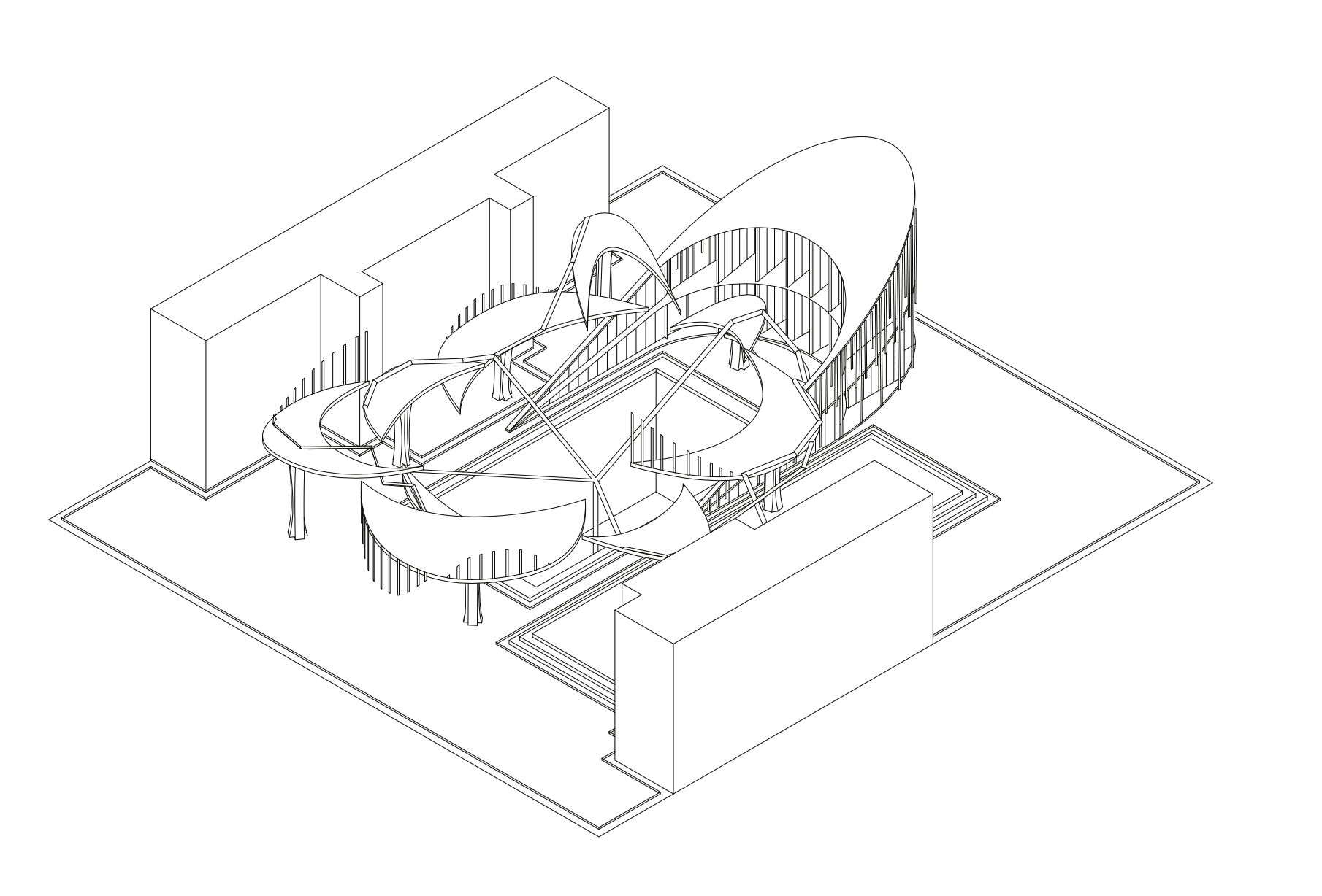A black-and-white architectural line drawing or rendering of a modern building with curved designs, glass walls, and structural supports, set within a rectangular area with surrounding pathways.
