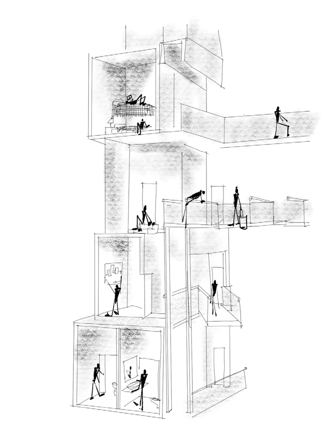 Sketch of a modern multi-level building with various people engaging in activities in each room.