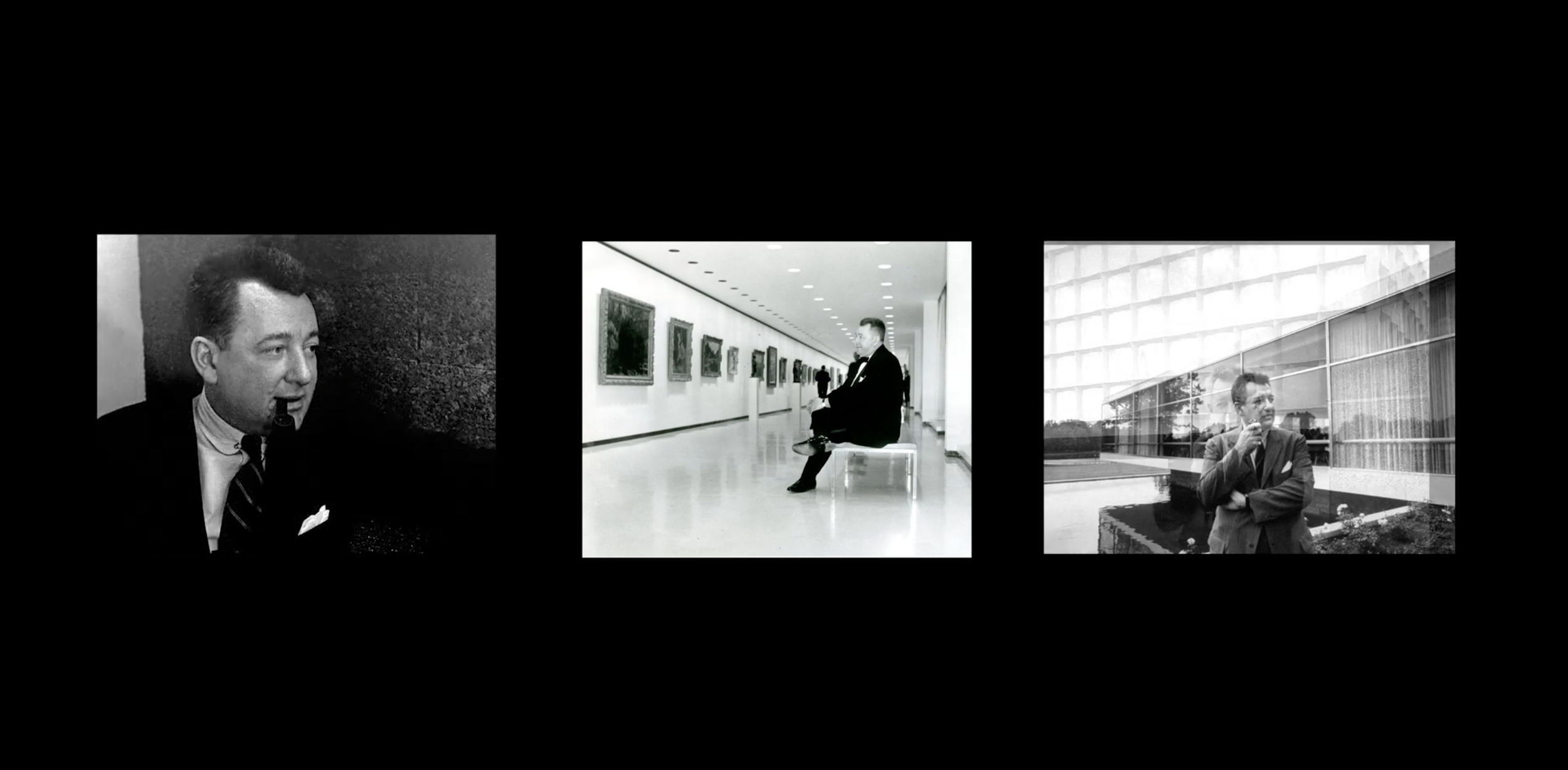 Three black and white photographs of a man in different settings: one at an art gallery, one sitting on a bench in an art gallery, and one standing outside near a modern glass building, all in professional attire.