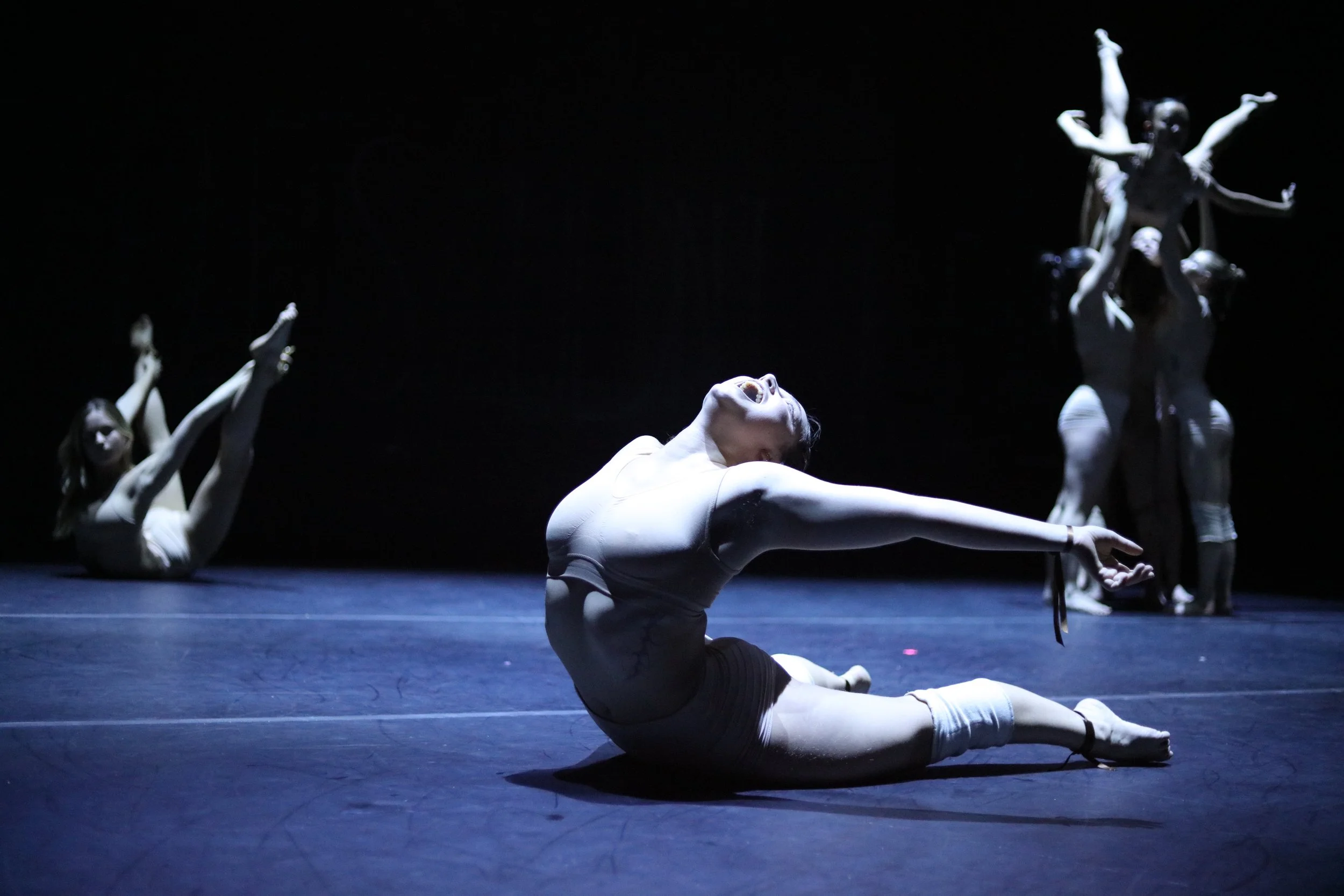 Ballet dancers performing on stage with dramatic lighting, including a dancer in the foreground sitting on the floor with her head tilted back and arms extended, and other dancers in the background.