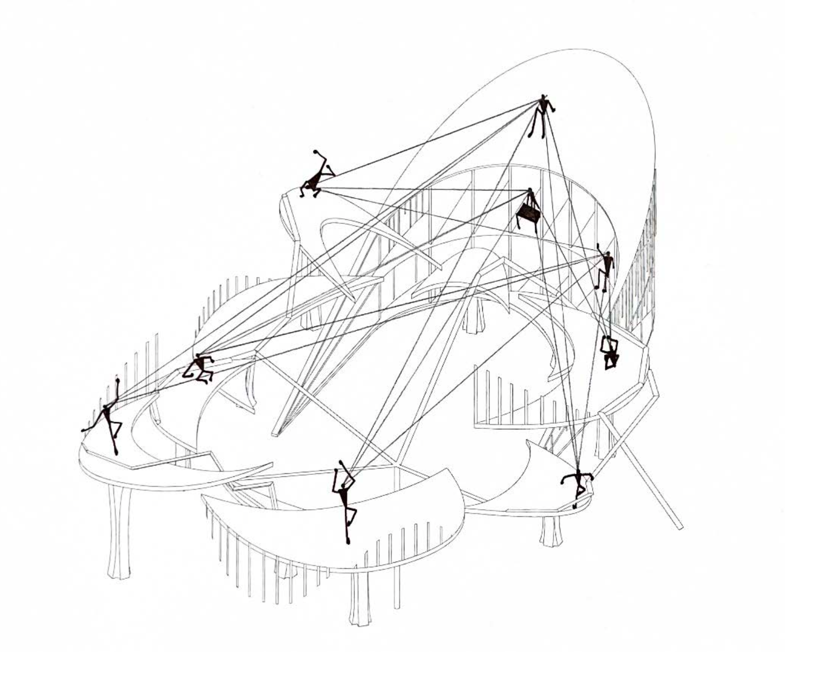 A line drawing illustration of an elaborate playground with multiple climbing structures, slides, and swings, with children depicted playing at various levels and positions.