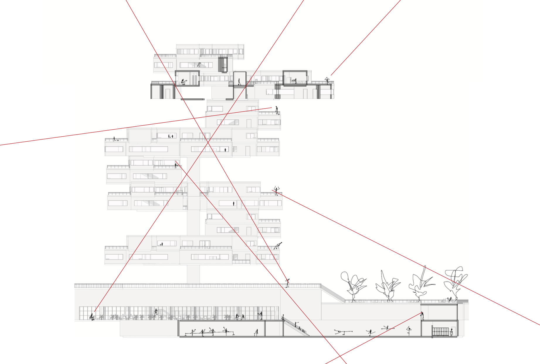 Cross-section architectural drawing of a modern multi-story building with various rooms, outdoor terraces, and landscaped areas with trees, showing human figures and red guiding lines.