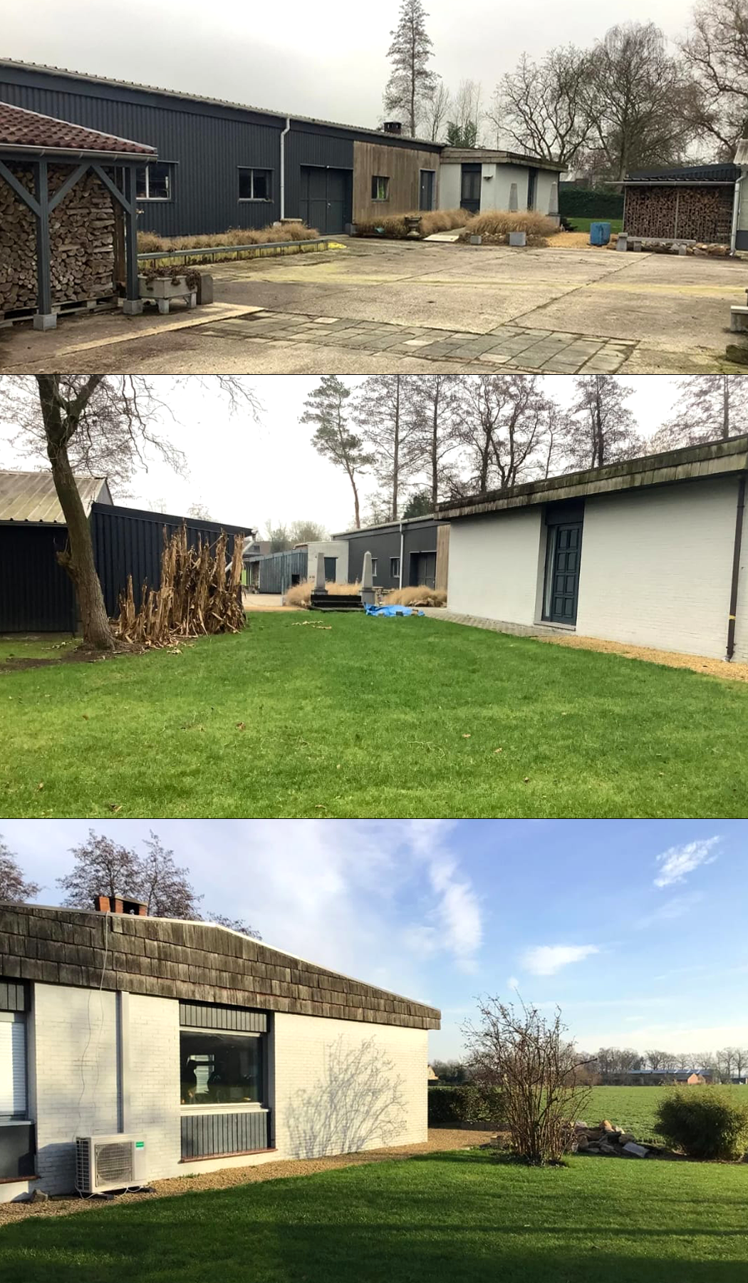 De derde afbeelding toont een verstedelijkt landschap met een moderne witte woning, groene grasveld en een heldere blauwe lucht.