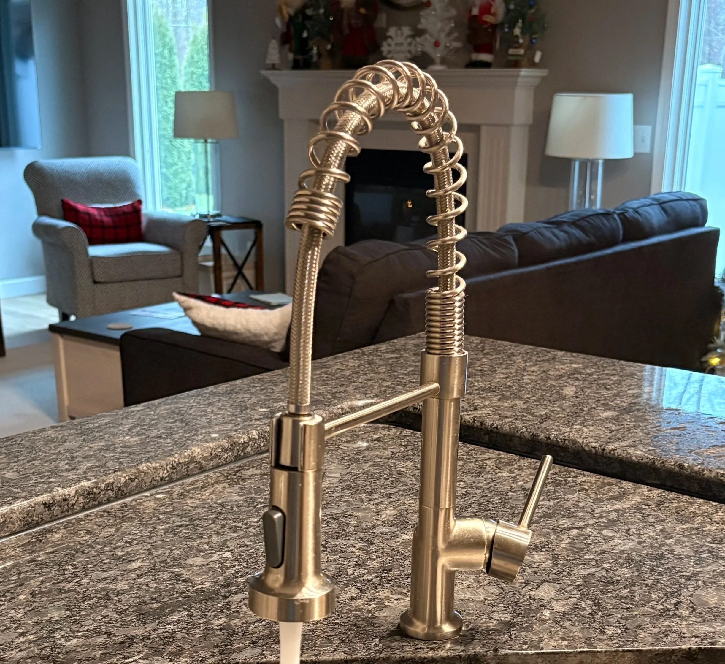 Kitchen faucet with running water over a double sink, with a living room visible in the background.
