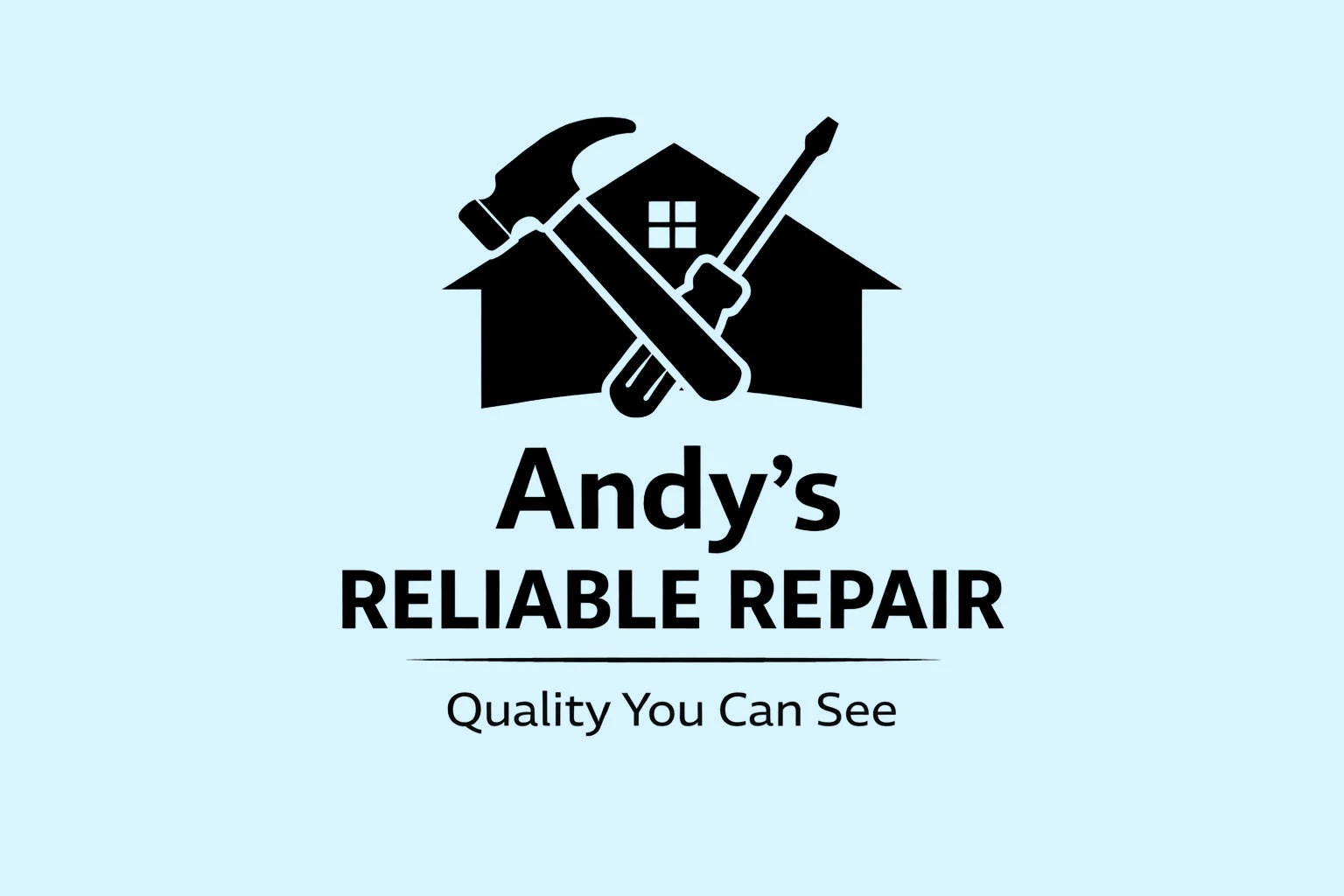 Logo for Andy's Reliable Repair featuring a hammer, screwdriver, and paint roller crossed in front of a house with four windows, and the text 'Andy's Reliable Repair' and 'Quality You Can See'.