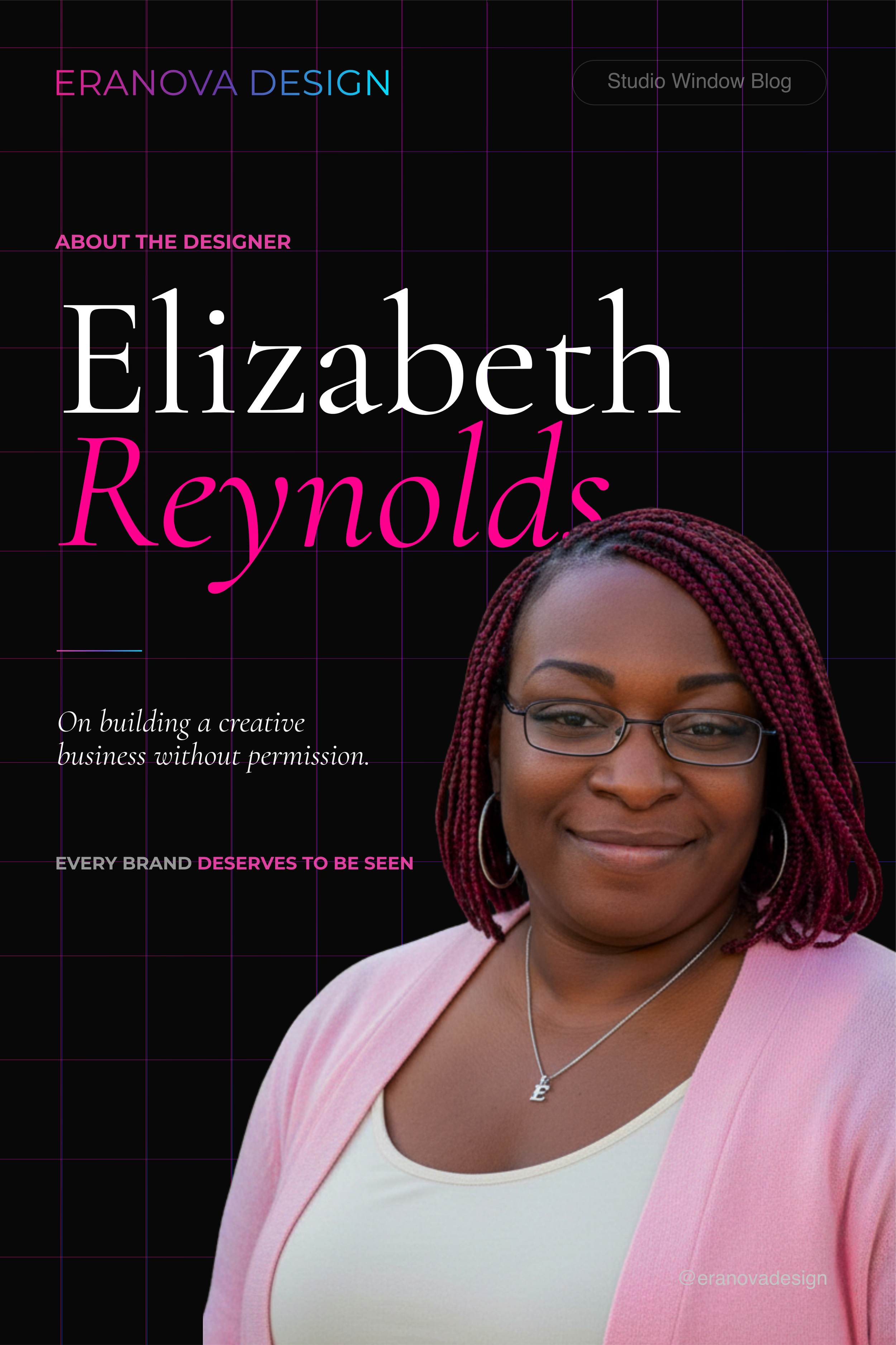 Close-up of Elizabeth R. with braided burgundy hair, wearing glasses, a light pink blazer, a white top, a necklace with an 'E' pendant, and a big smile, against a black background with colorful text and grid lines.
