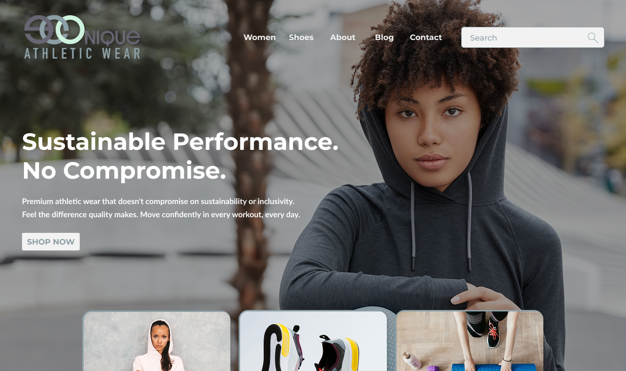 Econique Athletic Wear - Web Design E-commerce: Complete e-commerce platform redesign. Includes pages: Home, Footwear, Product Detail, Cart, Checkout, Order Confirmation, About, Contact, and Error. Designed with cohesive brand system, intuitive user 