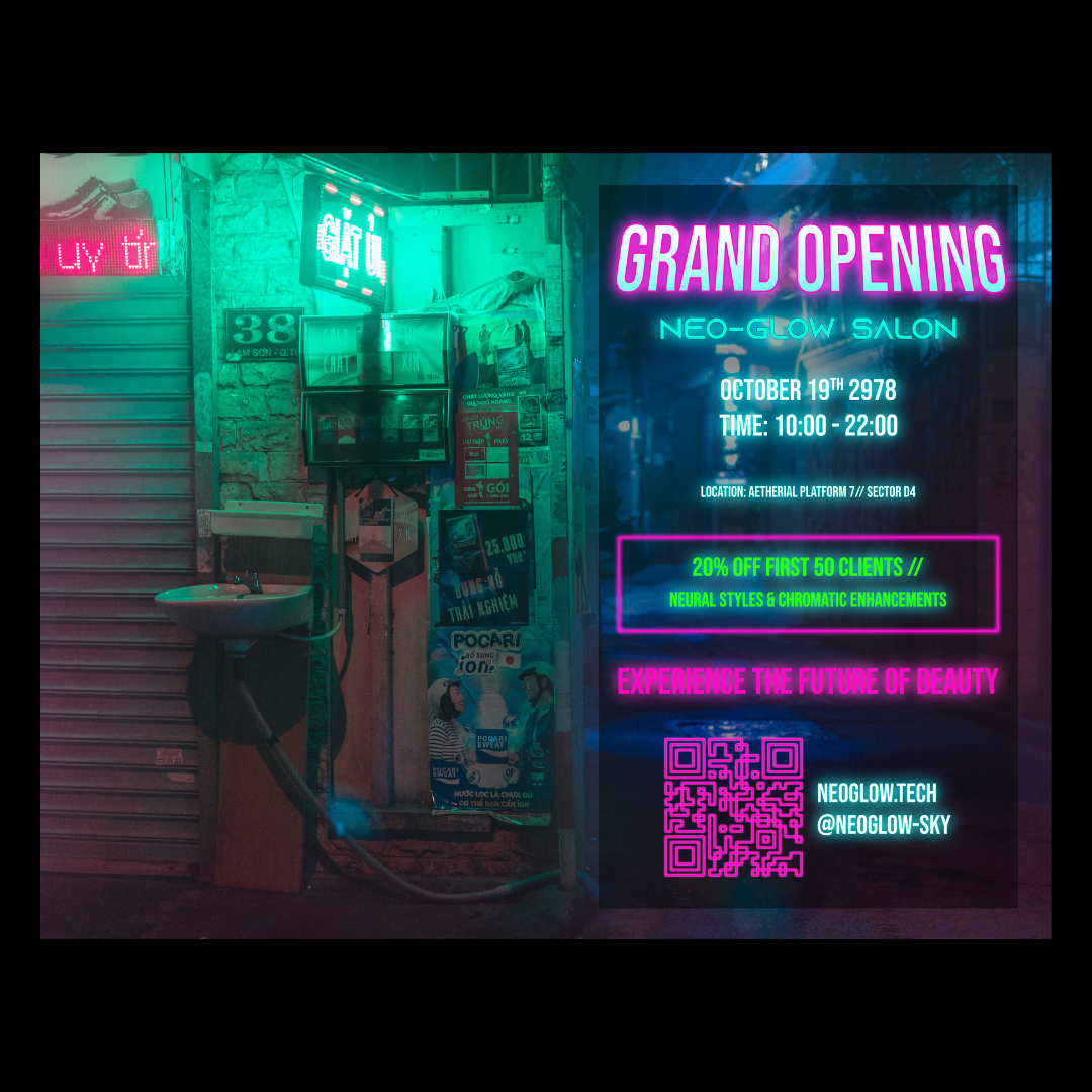 Neo-Glow Salon Grand Opening Flyer — Cyberpunk-inspired promotional design merging futuristic aesthetics with beauty industry marketing. 