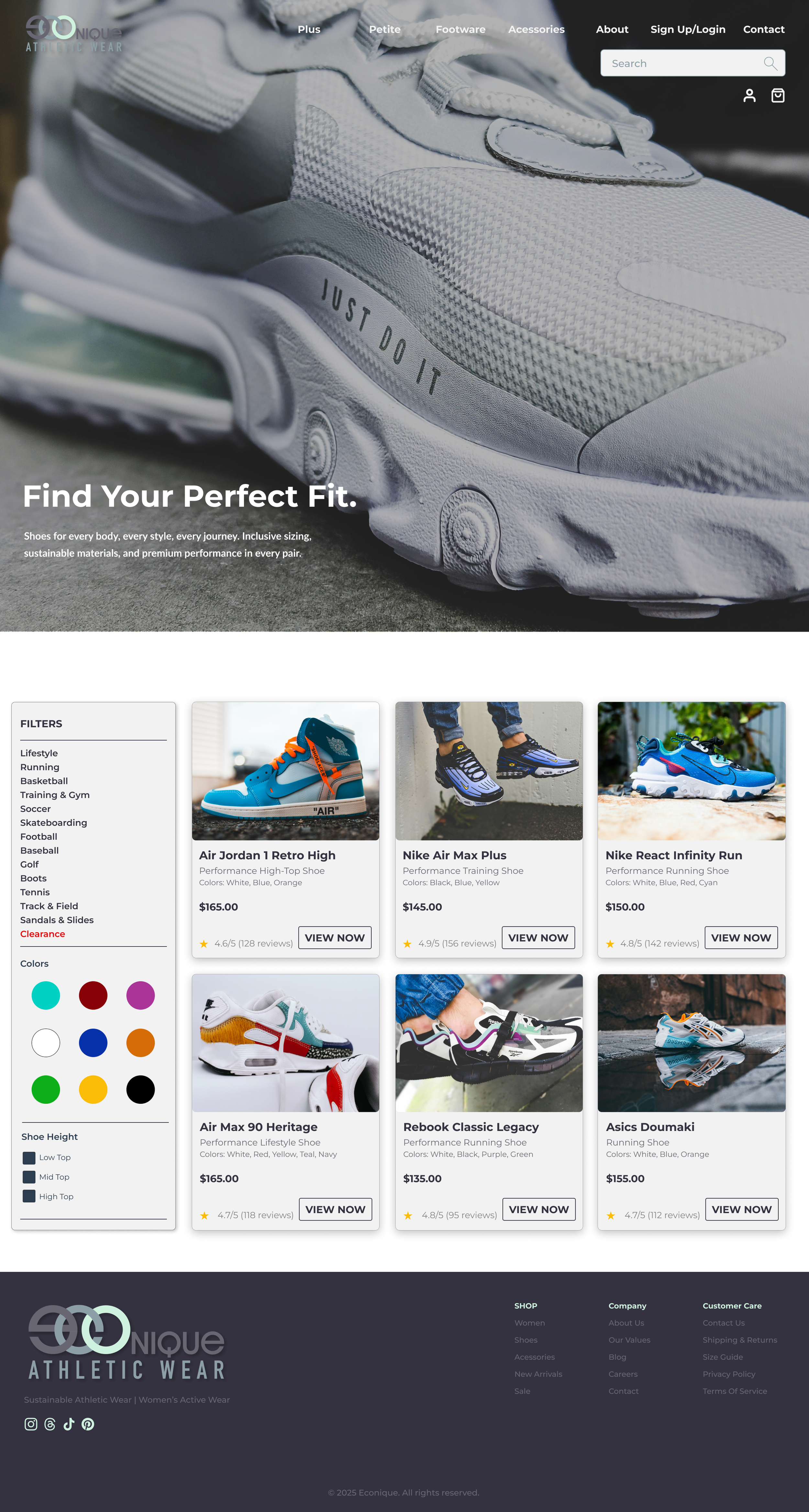 Close-up of a white athletic shoe with the text "Just Do It" on the side, part of an online store homepage for athletic footwear.