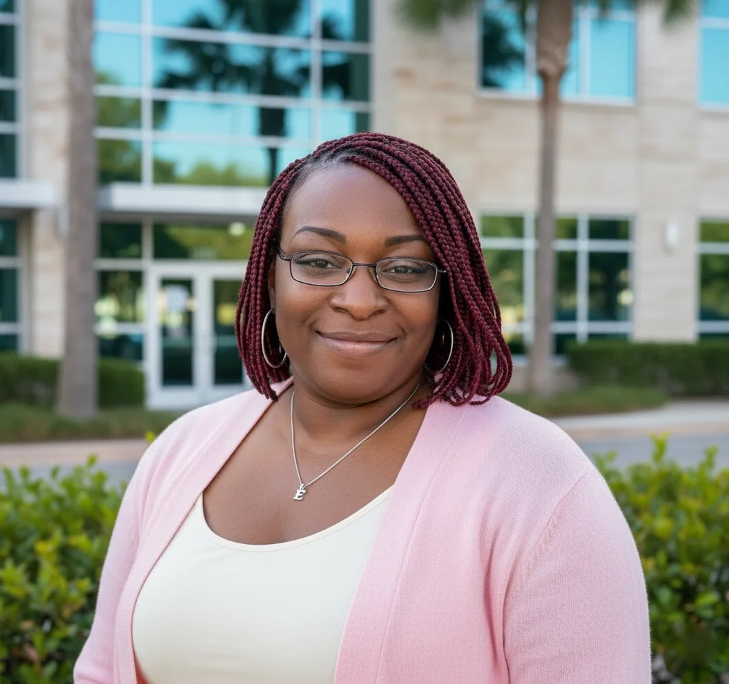 Elizabeth Reynolds with red braids, glasses, and hoop earrings is smiling outdoors in front of a modern building with large windows and some trees.