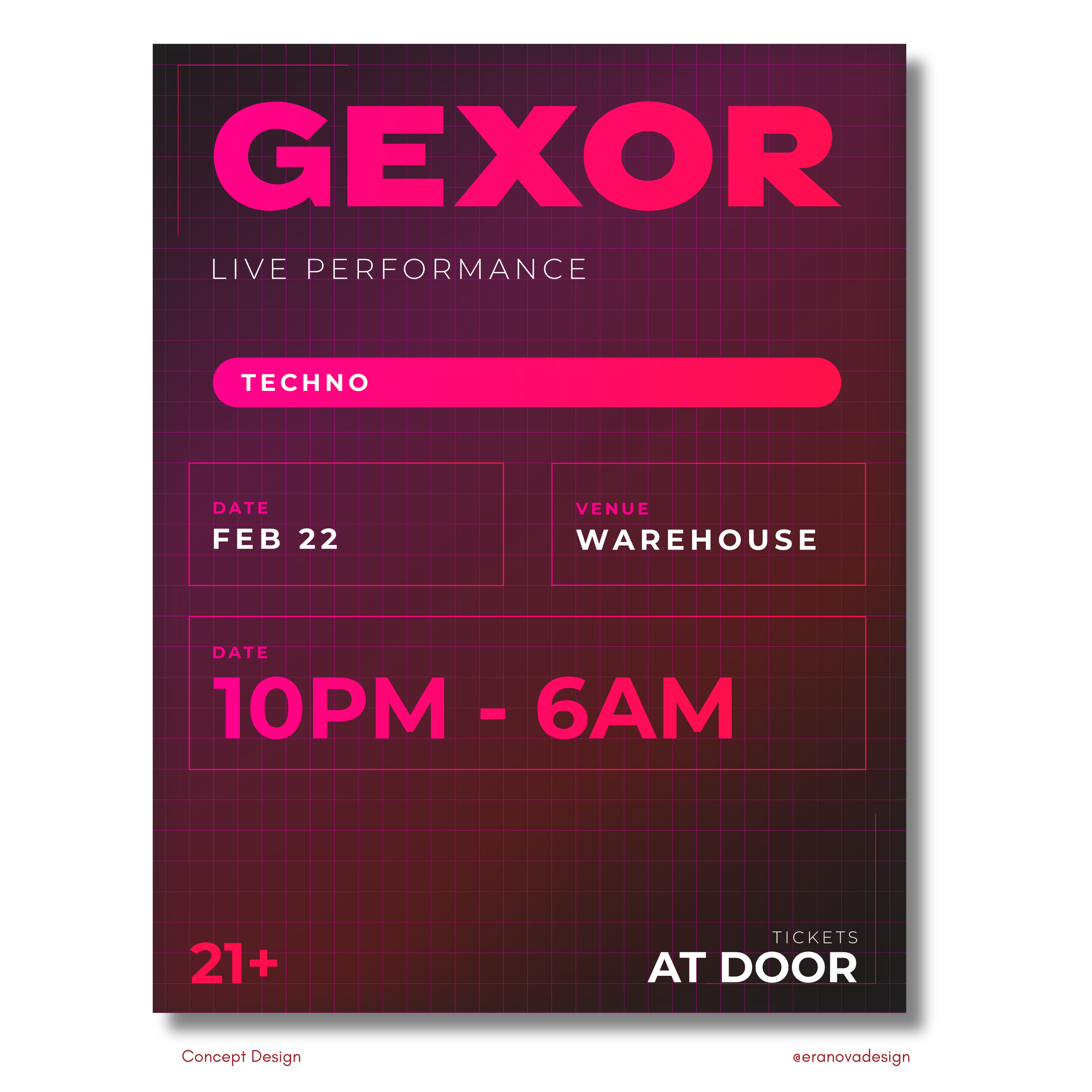 GEXOR Techno Event Poster — Electronic music event design featuring bold geometric typography over grid system with signature magenta gradient aesthetic.
