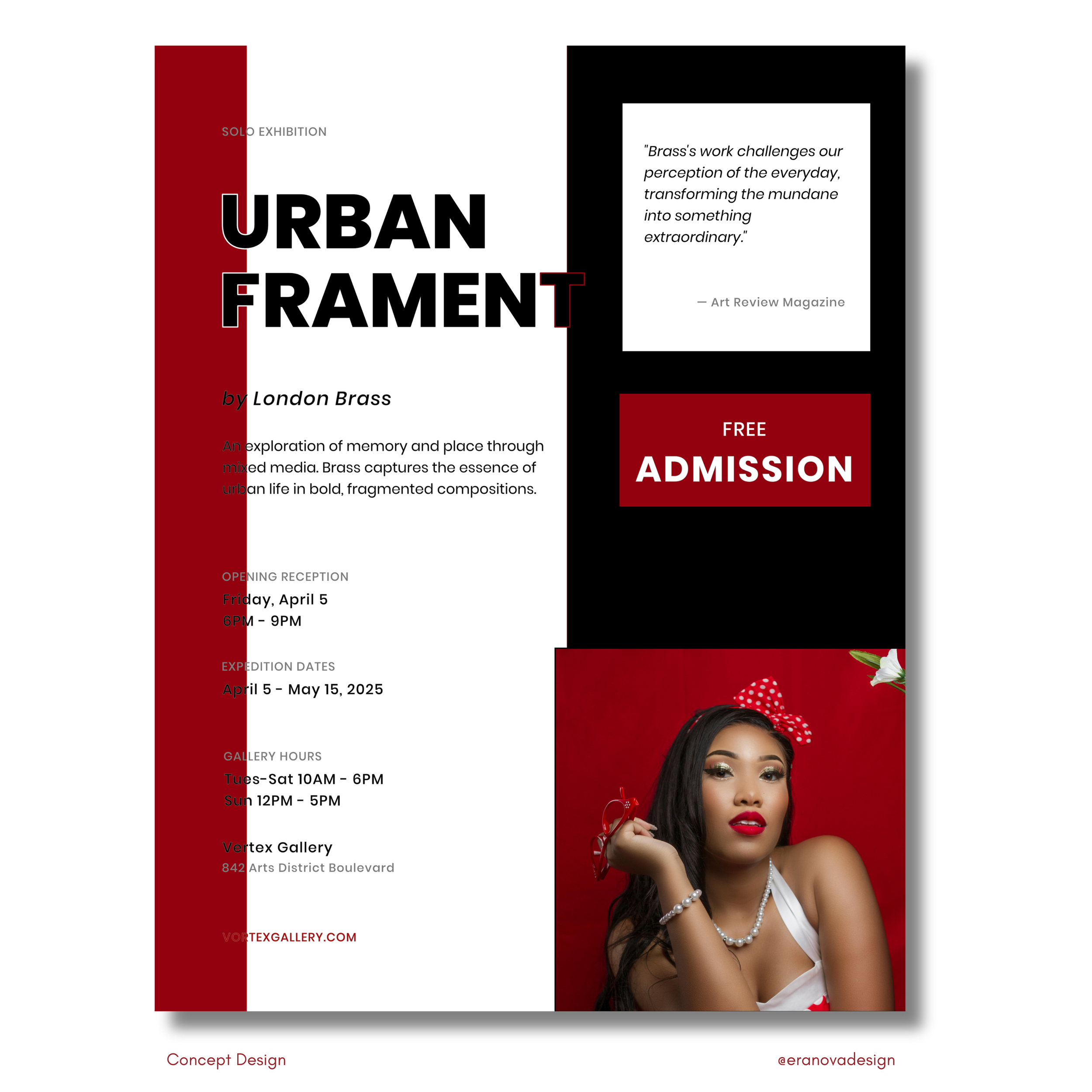 Urban Fragment Gallery Opening — Bold asymmetric layout using strong color blocking and mixed typography to create dynamic visual tension for contemporary art exhibition