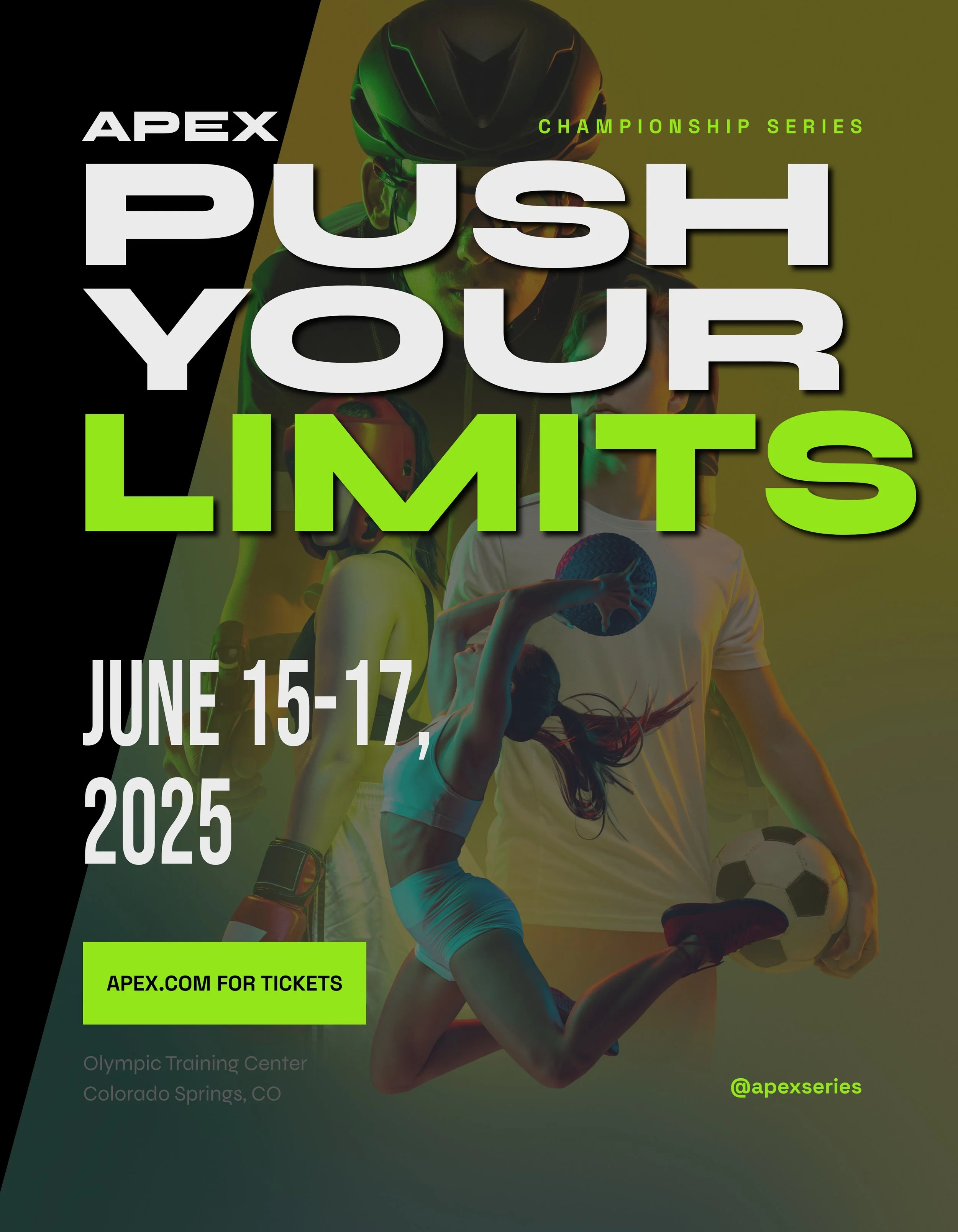 Concept Poster for Apex Championship Series soccer event, June 15-17, 2025, at Olympic Training Center in Colorado Springs, CO, featuring a stylized image of a woman and a man with soccer and cycling gear, with prominent green and white text.