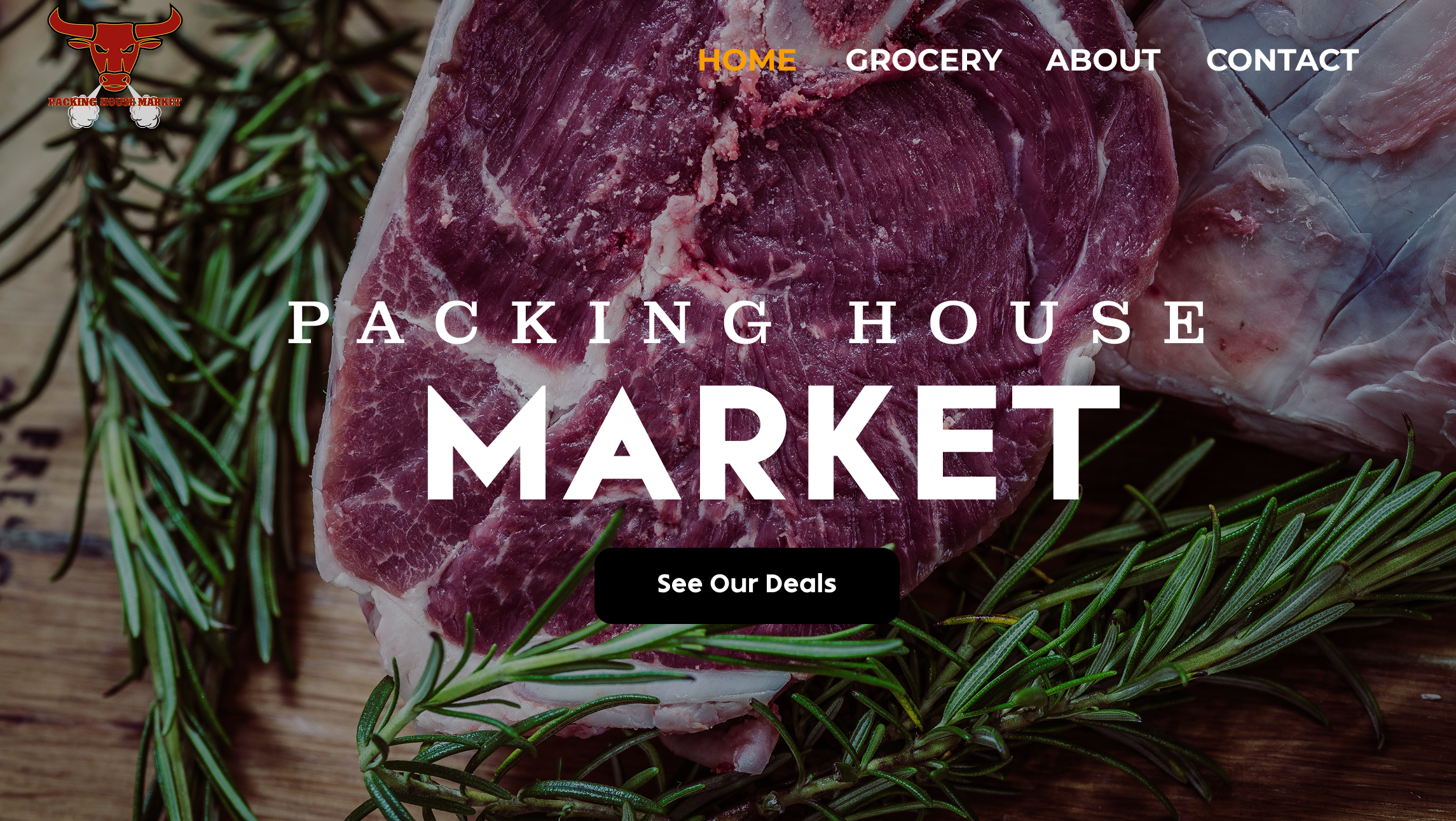 Close-up of fresh raw beef steak on a wooden surface garnished with sprigs of rosemary, with website menu options and a logo for Packing House Market.