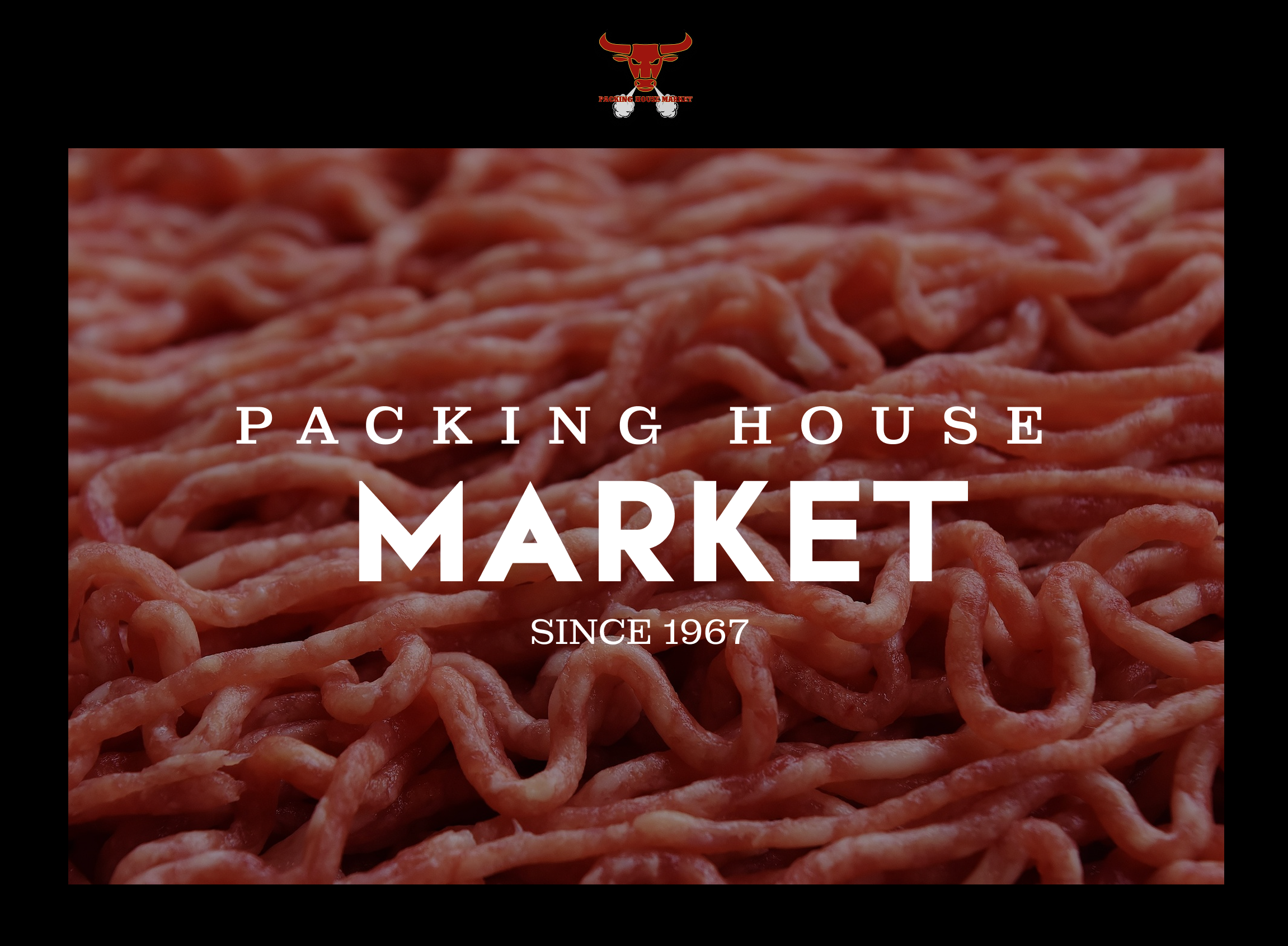 Close-up of raw ground beef with overlay text 'Packing House Market Since 1967' and a logo featuring a red bull head at the top.