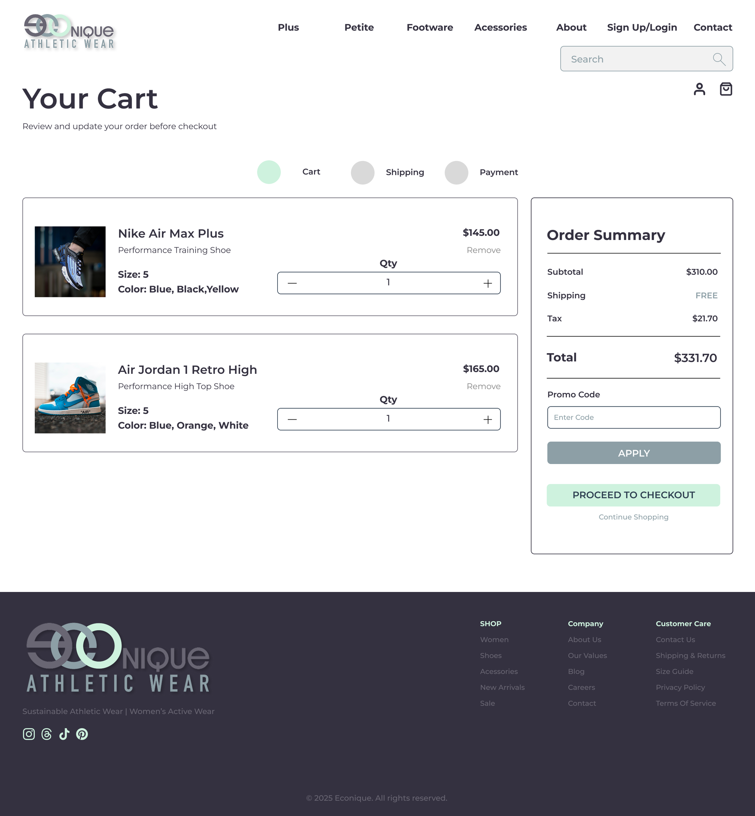 Screenshot of an online shoe store cart with two pairs of athletic shoes, Nike Air Max Plus and Air Jordan 1 Retro High, showing their details, quantities, and prices, along with an order summary and checkout options.