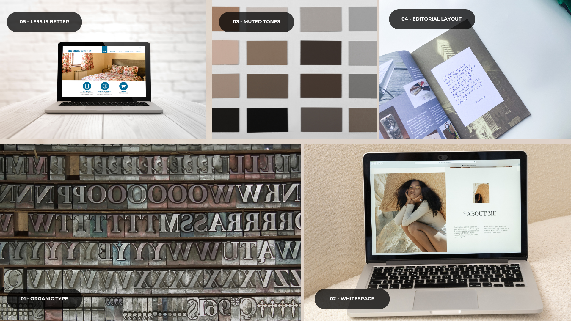 A mood board showing five current design trends for wellness and coaching brands including muted earth tone color palettes, organic serif typography, editorial magazine style layouts, minimal website design, and generous whitespace in web design.