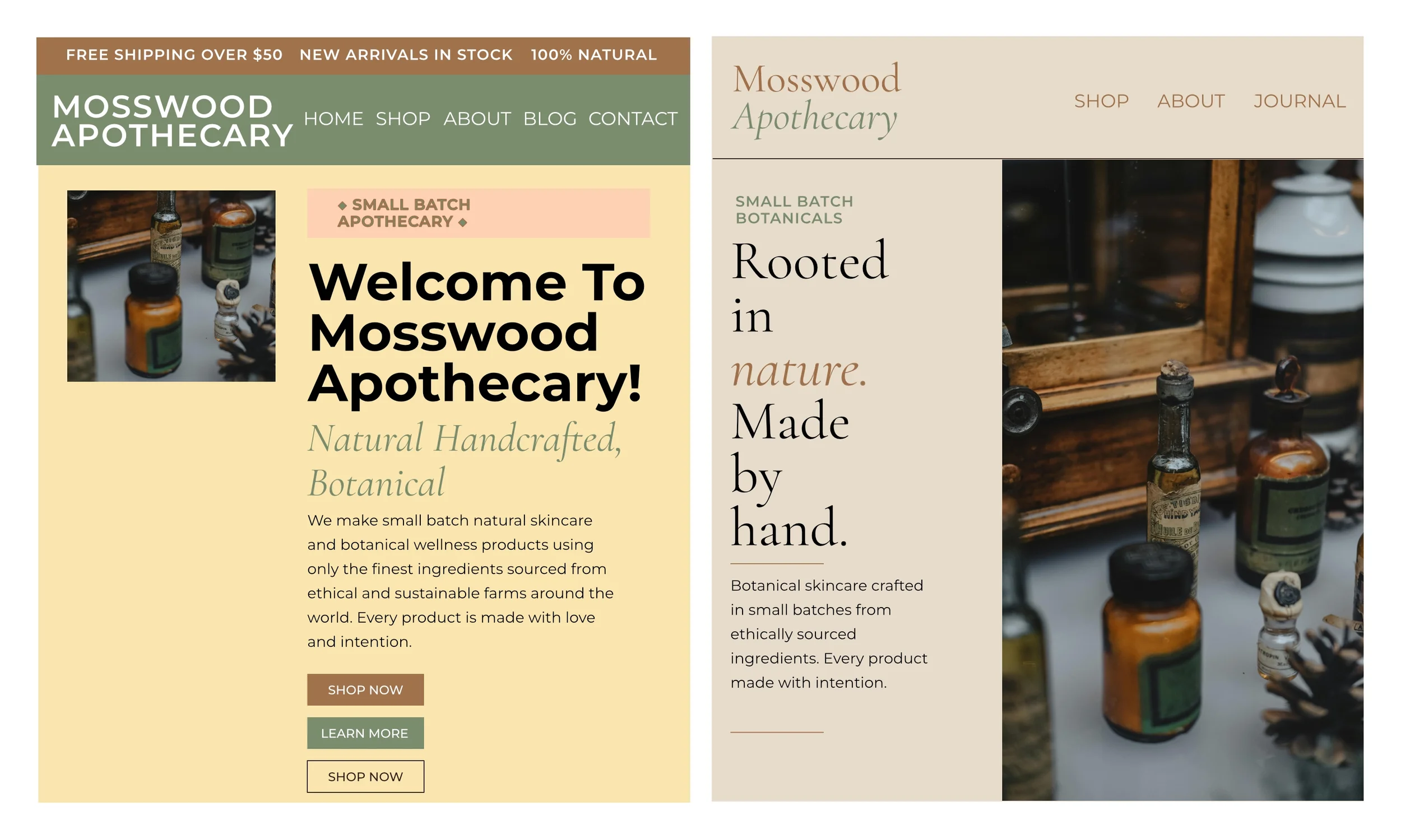 Side by side comparison of two versions of a fictional small batch apothecary brand called Mosswood showing the difference between a cluttered over designed layout and a clean minimal high end layout demonstrating key principles of premium design.