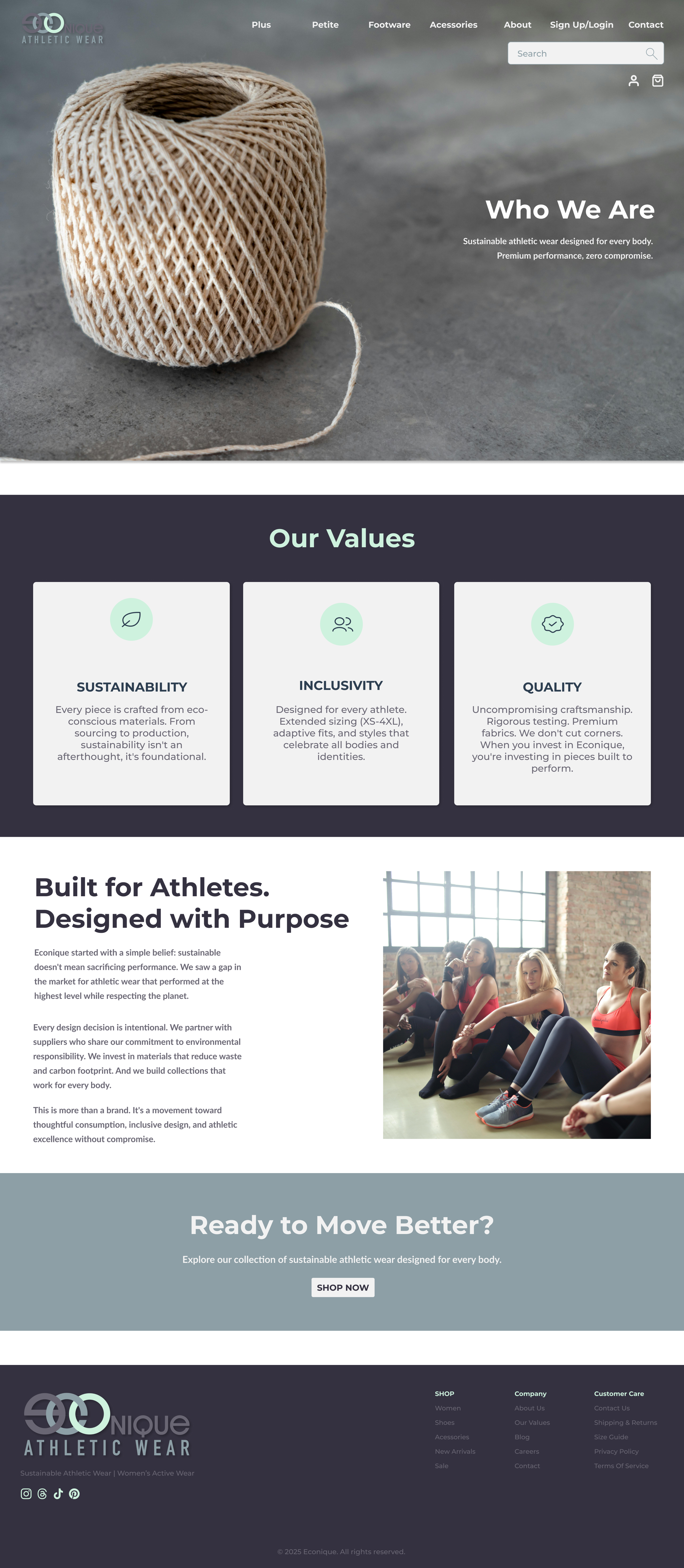 A webpage homepage for Eoconique Athletic Wear featuring a large spool of beige twine on a grey surface, with navigation menu and sections explaining their values, mission, and athletic collection.