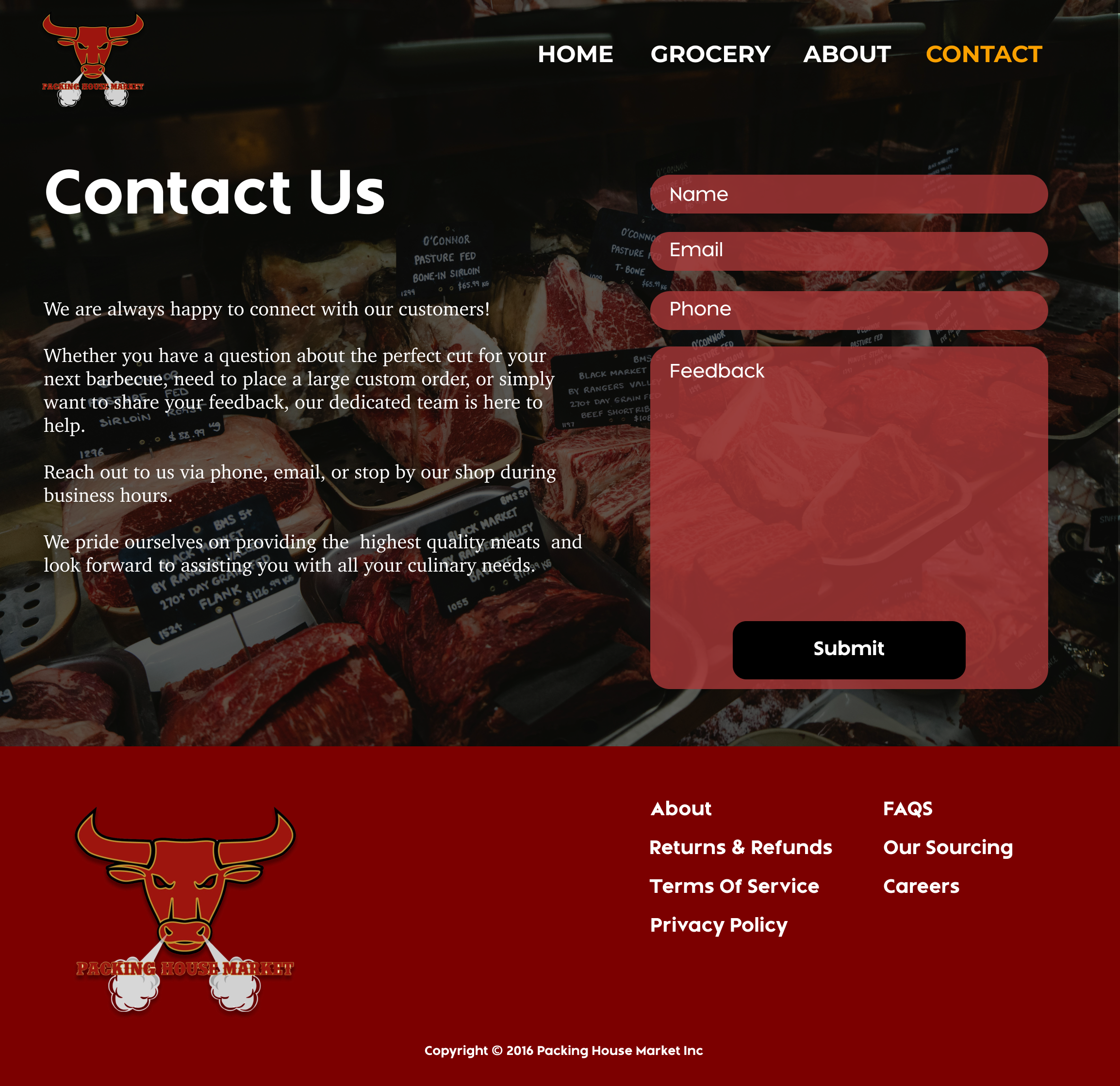 Contact page of Packing House Market website with a form for name, email, phone, and feedback, featuring a barbecue meat display in the background and a red logo with a bull's head and smoke clouds.