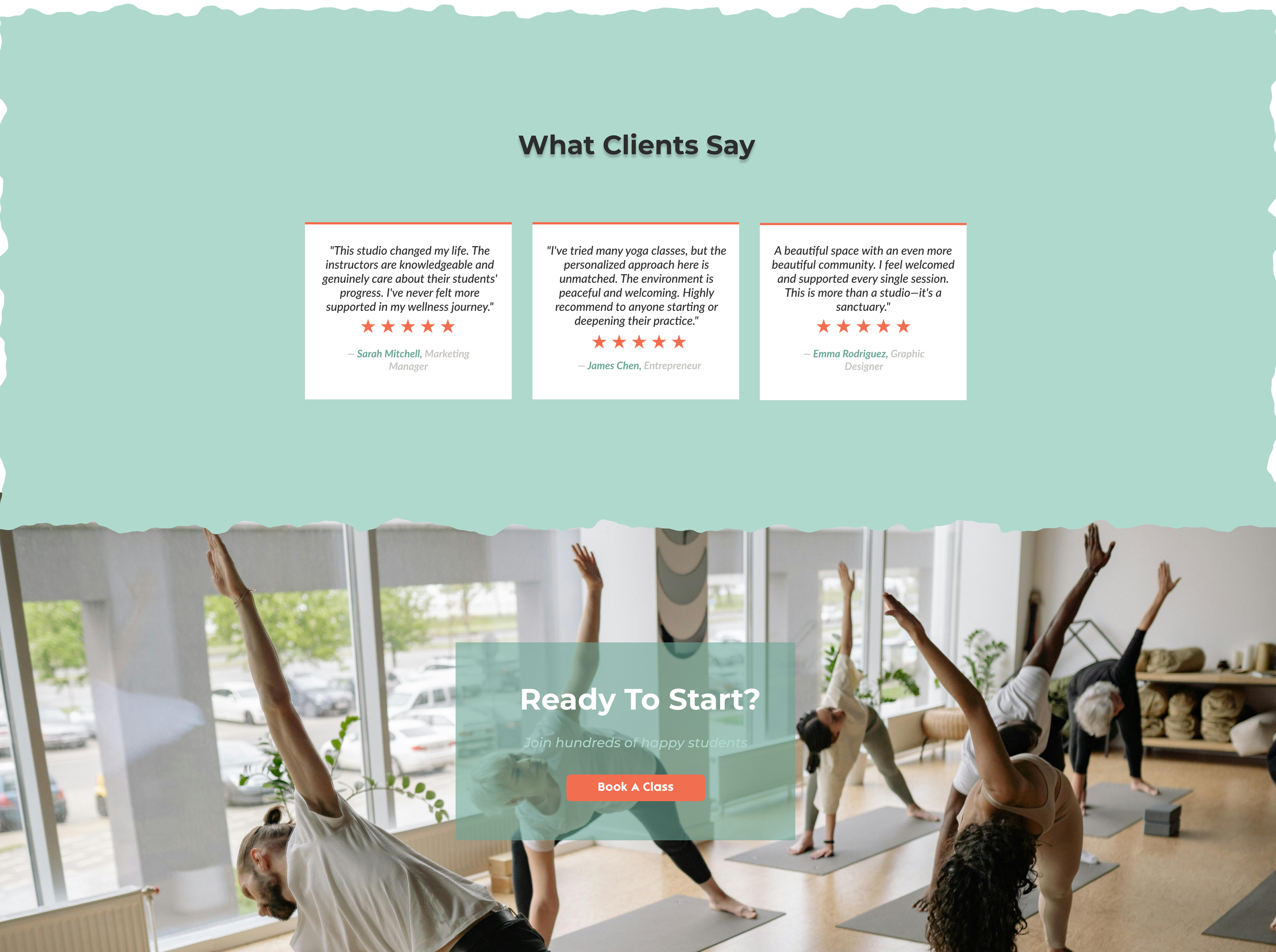 A digital webpage features anonymous client testimonials at the top, highlighted with five-star ratings and client names. Below, there is a photograph of a diverse group of people participating in a yoga class, performing side stretches on mats in a bright, spacious room with large windows and plants. Overlay text reads 'Ready To Start?' with a button labeled 'Book A Class'.